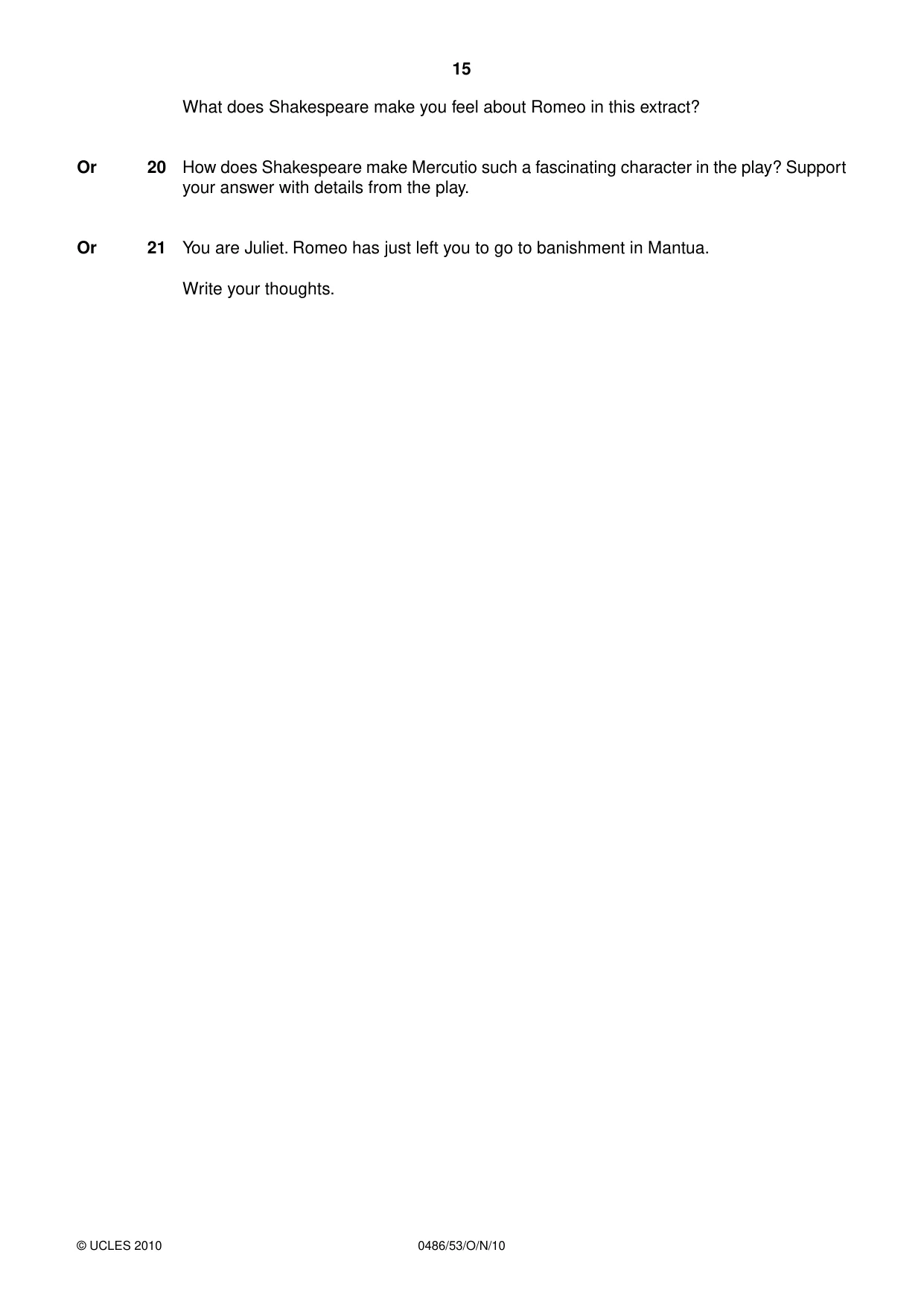 Cambridge IGCSE English - Literature 0486 2010 Oct/Nov Paper 5 · Variant 3 question paper, page 15 of 16