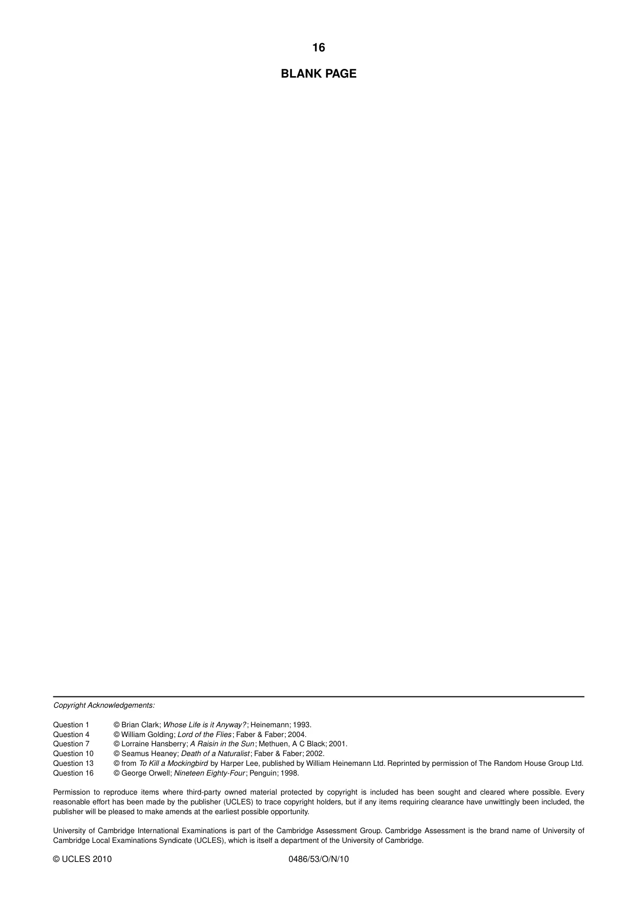 Cambridge IGCSE English - Literature 0486 2010 Oct/Nov Paper 5 · Variant 3 question paper, page 16 of 16
