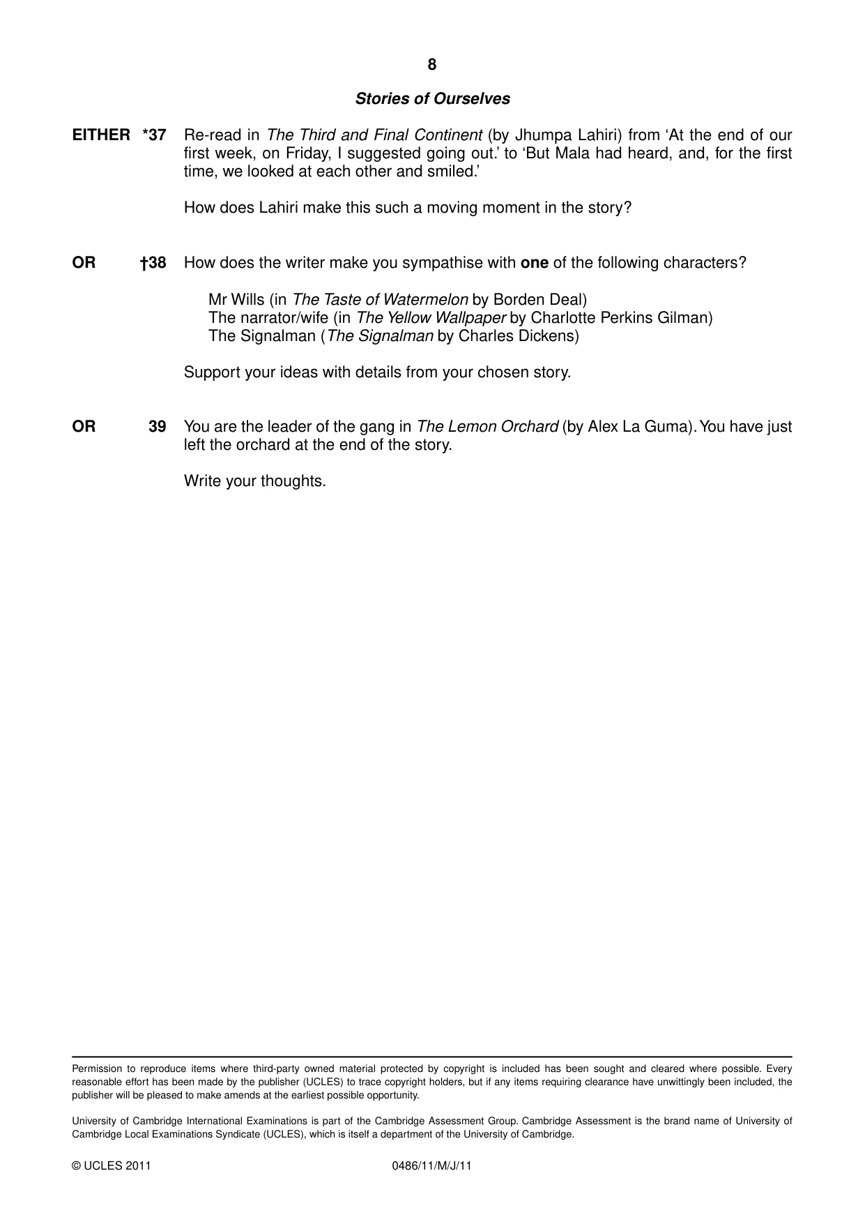 Cambridge IGCSE English - Literature 0486 2011 May/June Paper 1 · Variant 1 question paper, page 8 of 8