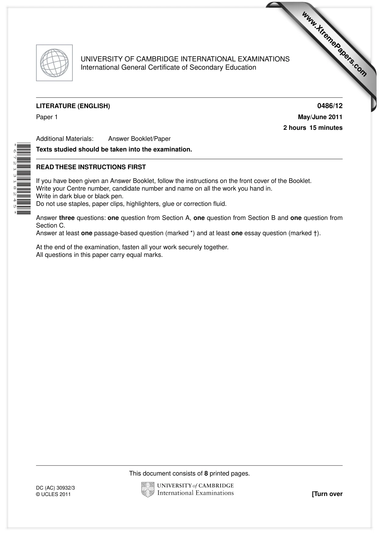 Cambridge IGCSE English - Literature 0486 2011 May/June Paper 1 · Variant 2 question paper, page 1 of 8