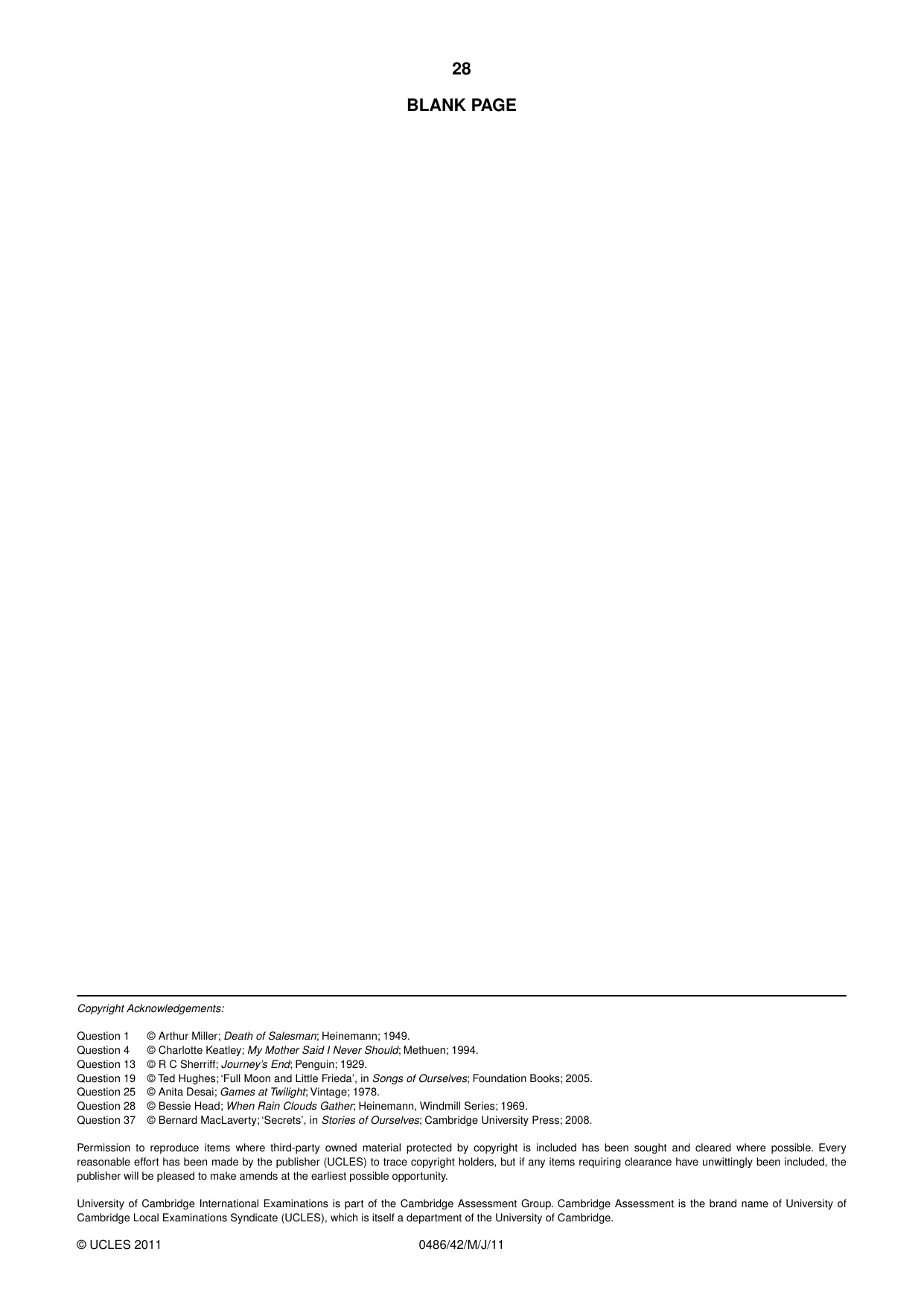 Cambridge IGCSE English - Literature 0486 2011 May/June Paper 4 · Variant 2 question paper, page 28 of 28