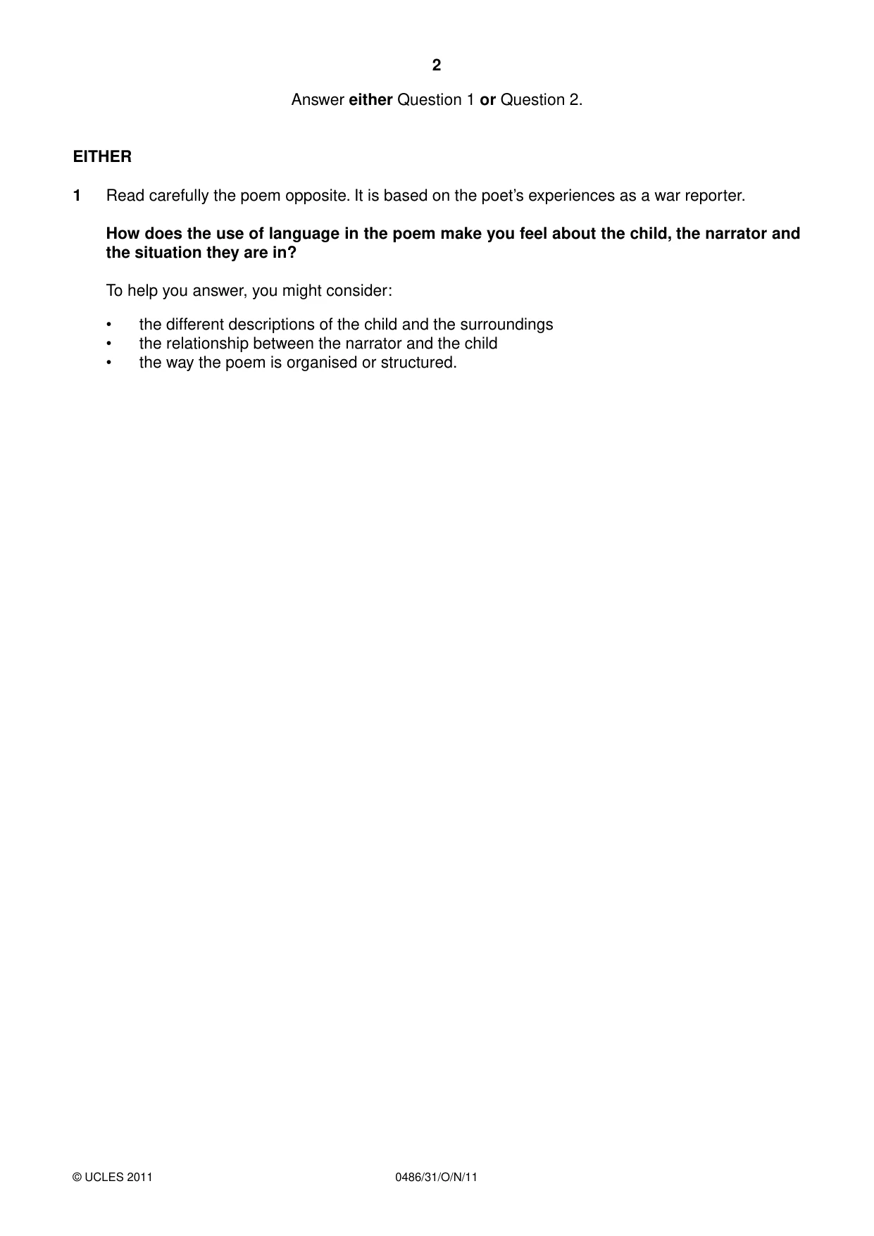 Cambridge IGCSE English - Literature 0486 2011 Oct/Nov Paper 3 · Variant 1 question paper, page 2 of 5