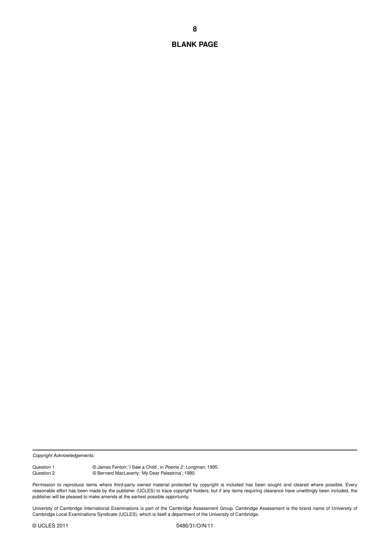 Cambridge IGCSE English - Literature 0486 2011 Oct/Nov Paper 3 · Variant 1 question paper, page 5 of 5