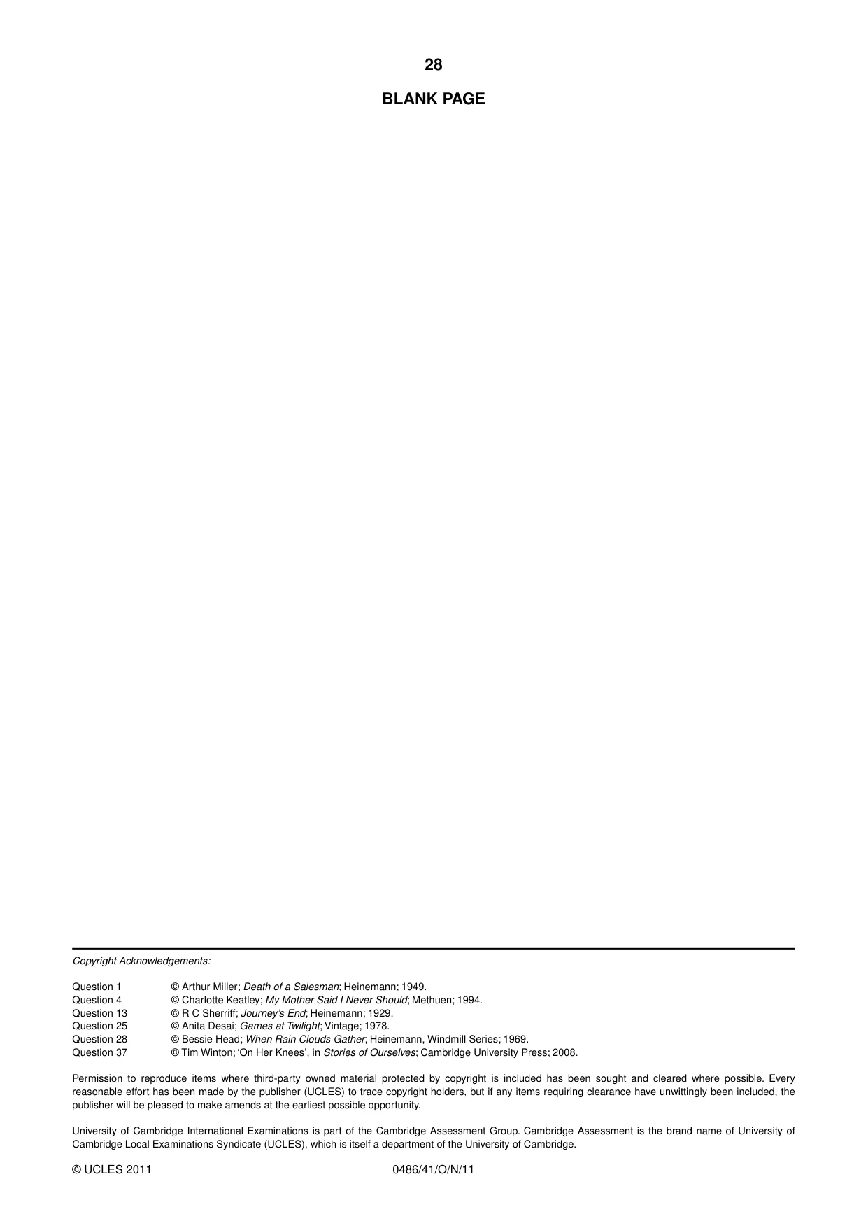 Cambridge IGCSE English - Literature 0486 2011 Oct/Nov Paper 4 · Variant 1 question paper, page 27 of 27