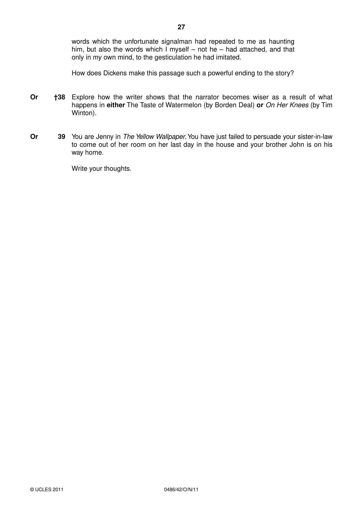 Cambridge IGCSE English - Literature 0486 2011 Oct/Nov Paper 4 · Variant 2 question paper, page 27 of 28