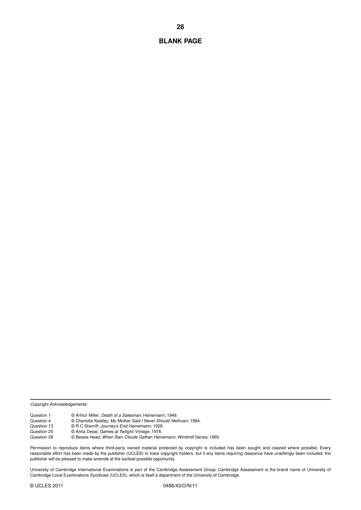 Cambridge IGCSE English - Literature 0486 2011 Oct/Nov Paper 4 · Variant 3 question paper, page 28 of 28