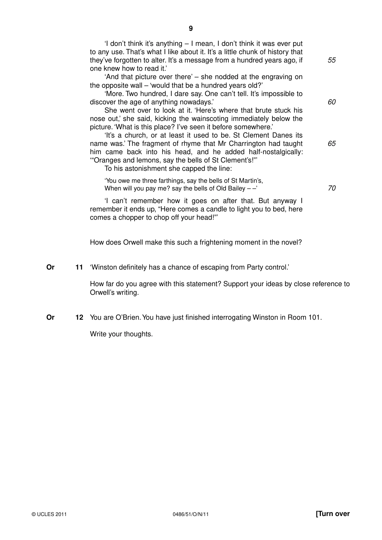 Cambridge IGCSE English - Literature 0486 2011 Oct/Nov Paper 5 · Variant 1 question paper, page 9 of 16