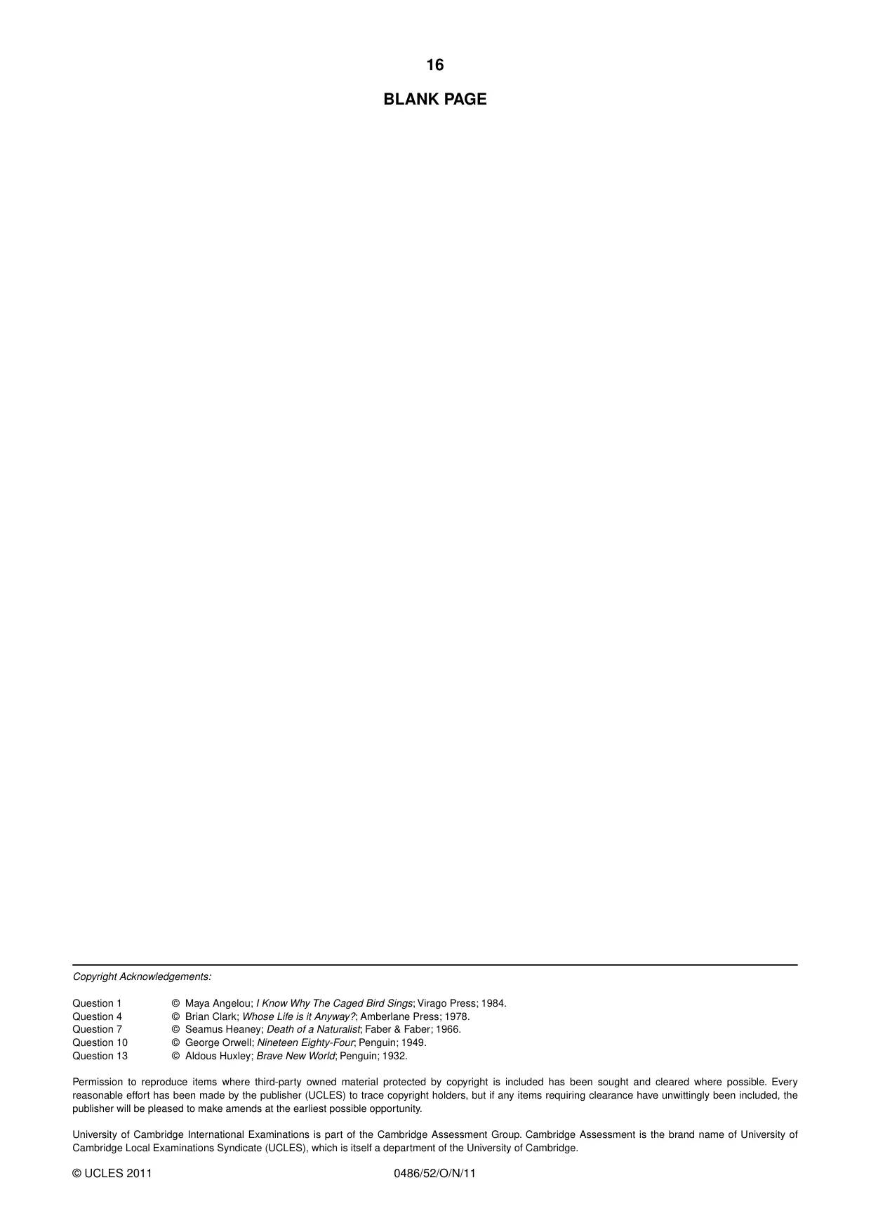 Cambridge IGCSE English - Literature 0486 2011 Oct/Nov Paper 5 · Variant 2 question paper, page 16 of 16
