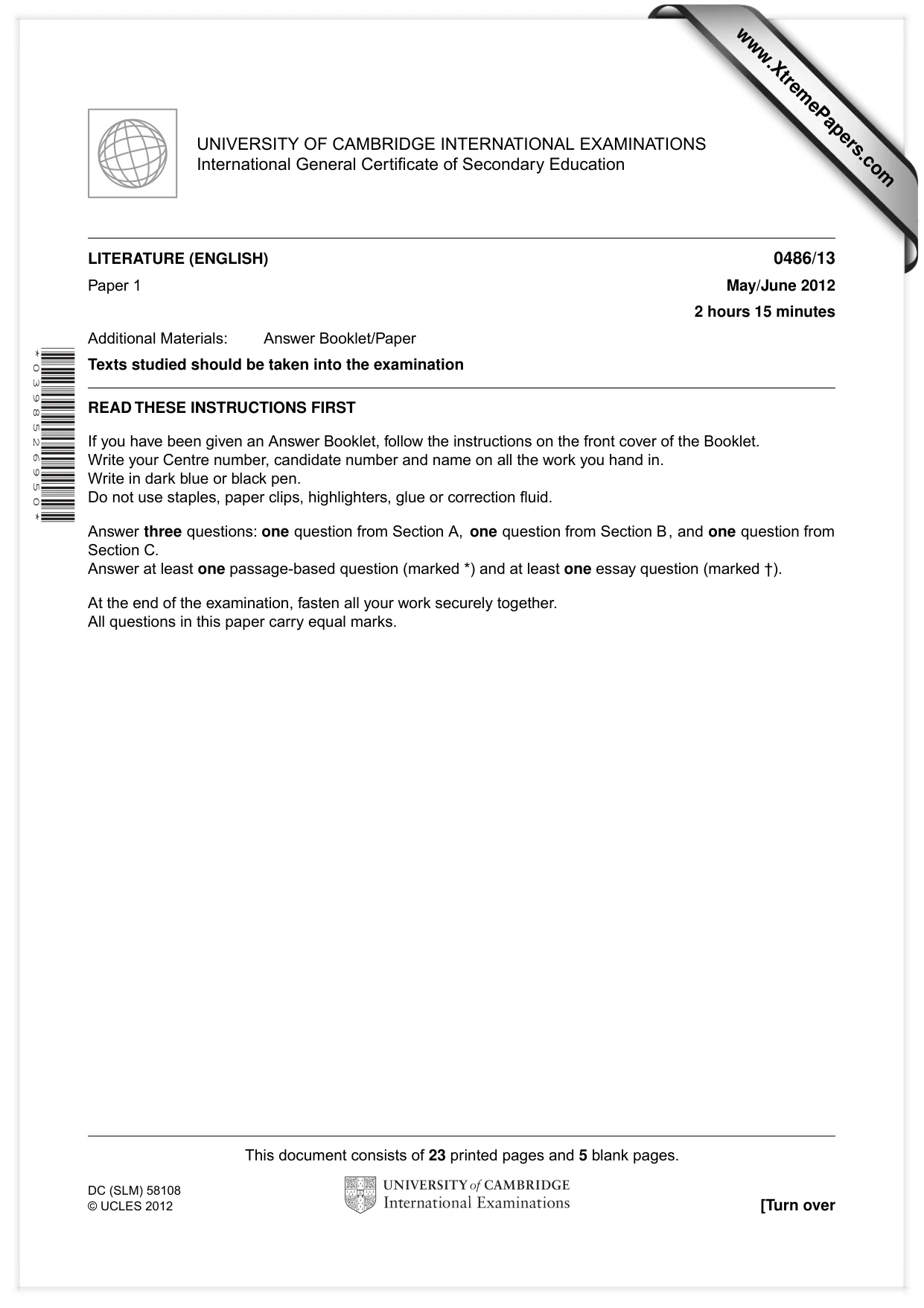 Cambridge IGCSE English - Literature 0486 2012 May/June Paper 1 · Variant 3 question paper, page 1 of 26