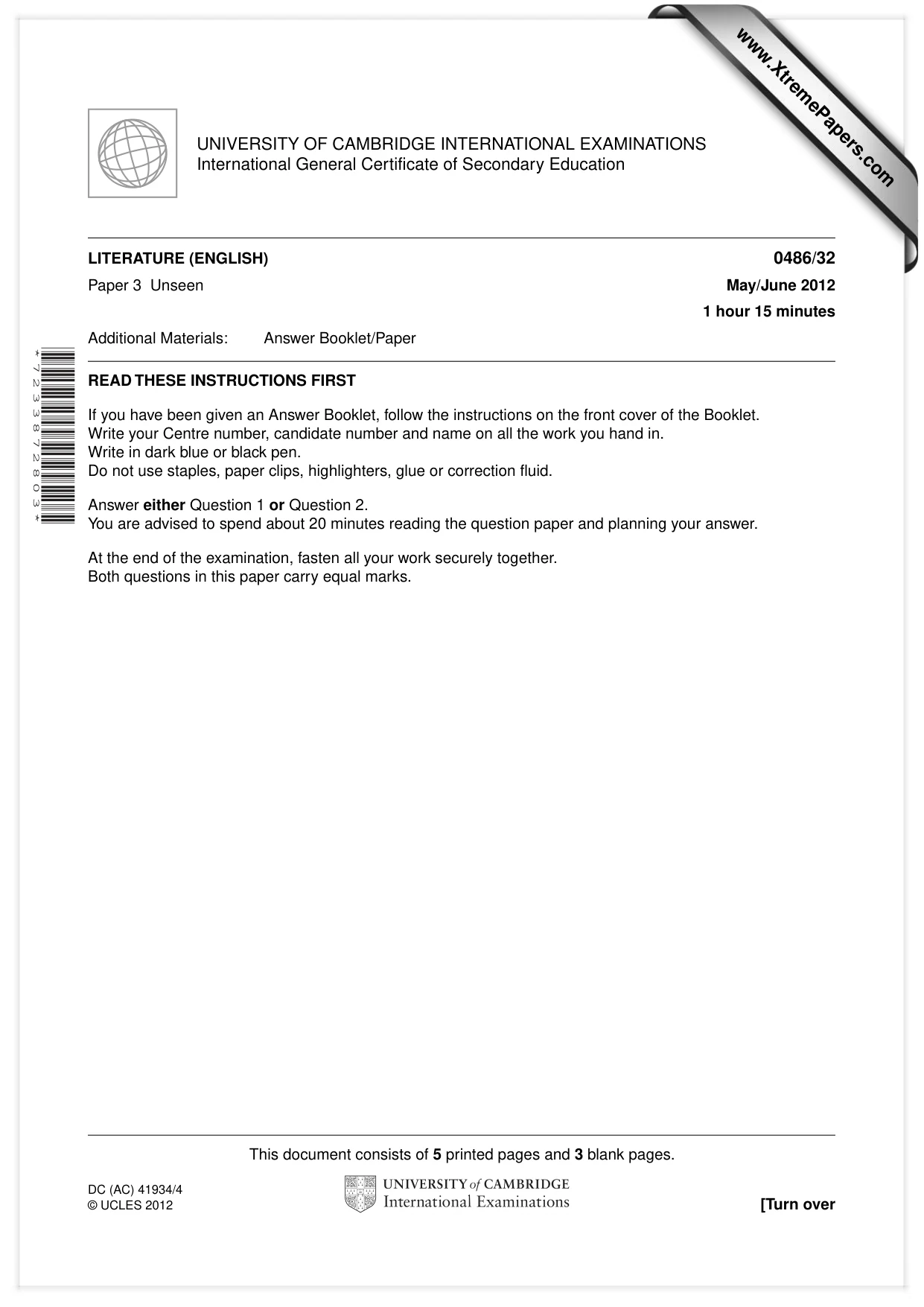 Cambridge IGCSE English - Literature 0486 2012 May/June Paper 3 · Variant 2 question paper, page 1 of 8