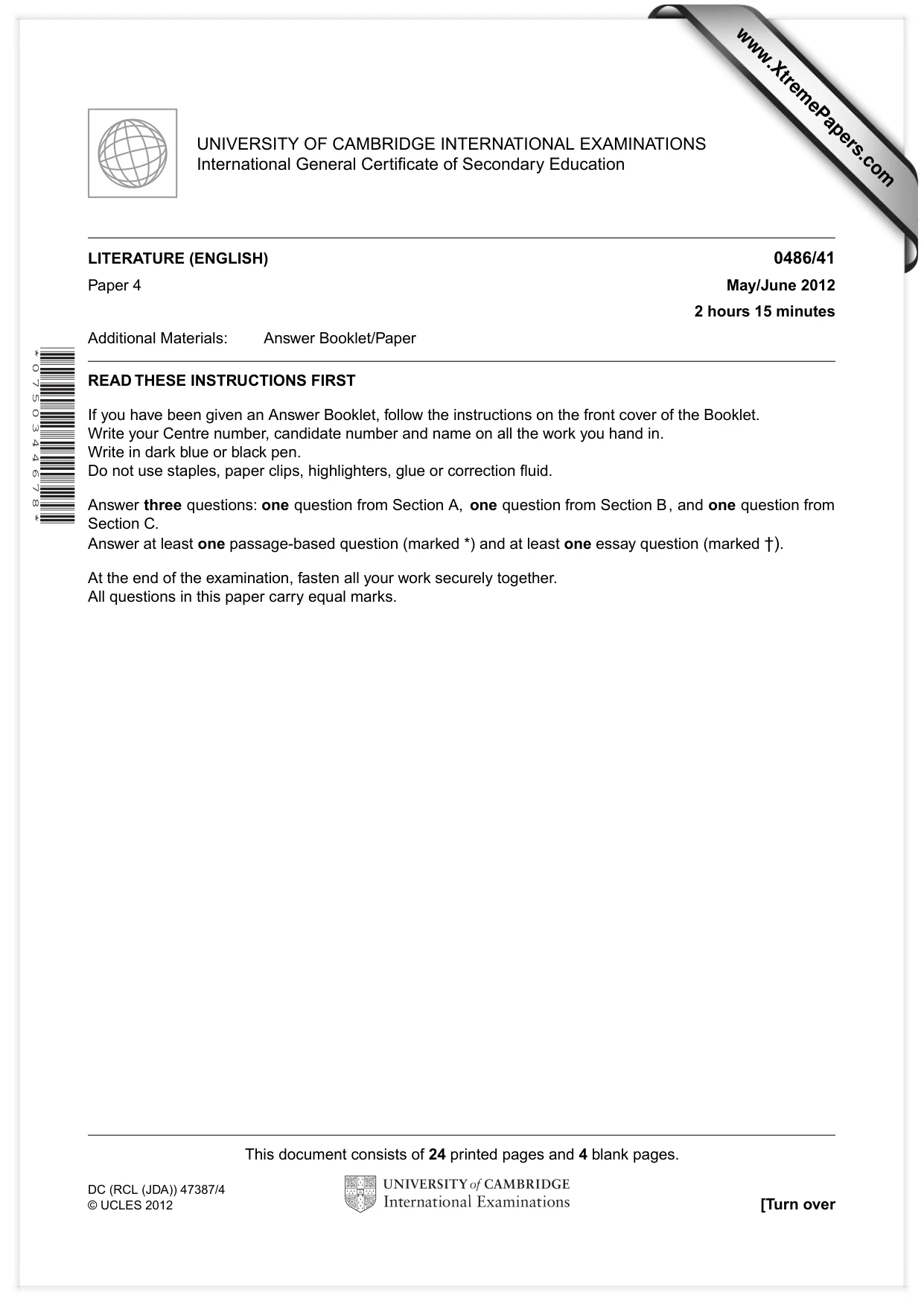 Cambridge IGCSE English - Literature 0486 2012 May/June Paper 4 · Variant 1 question paper, page 1 of 26