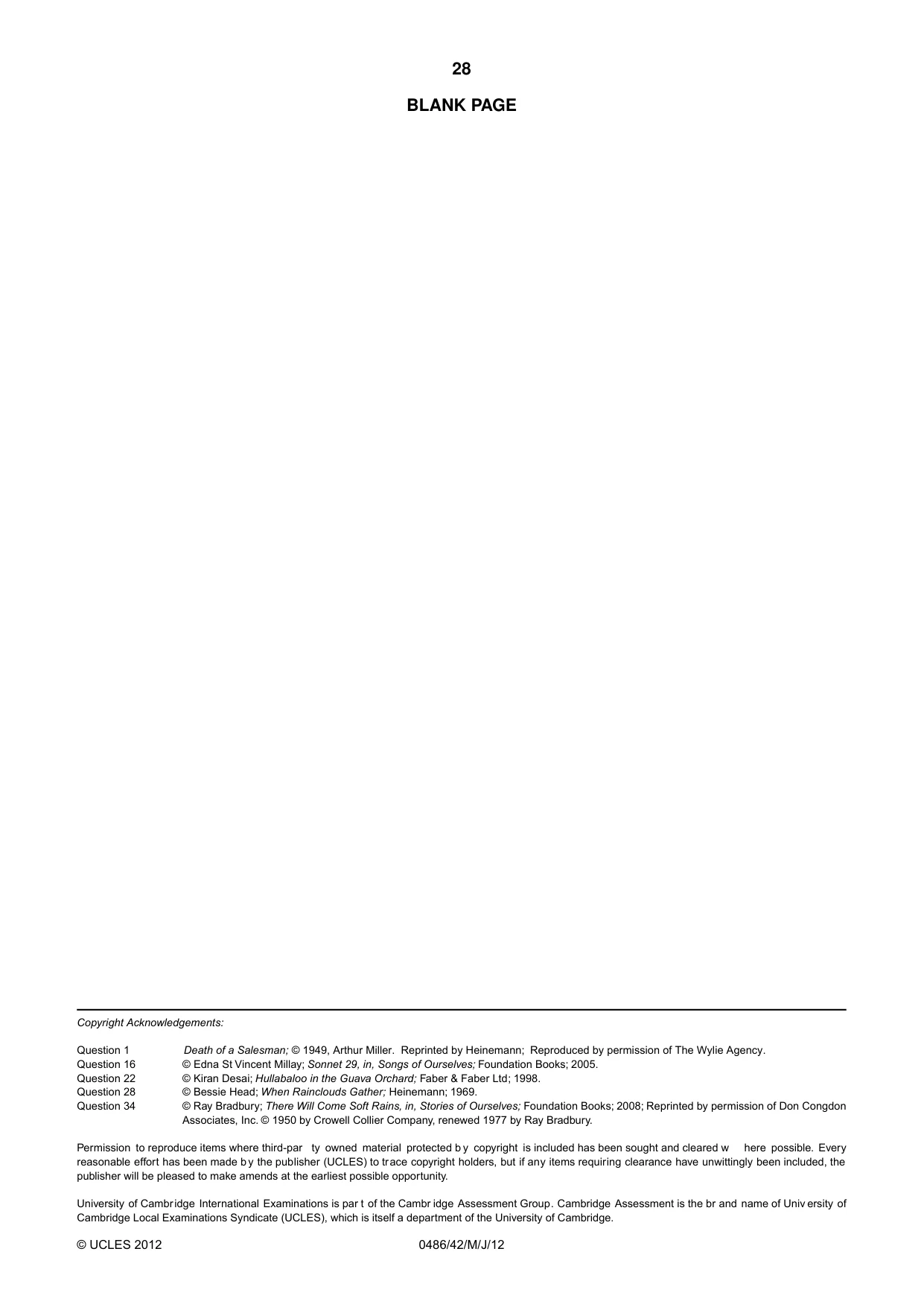 Cambridge IGCSE English - Literature 0486 2012 May/June Paper 4 · Variant 2 question paper, page 28 of 28