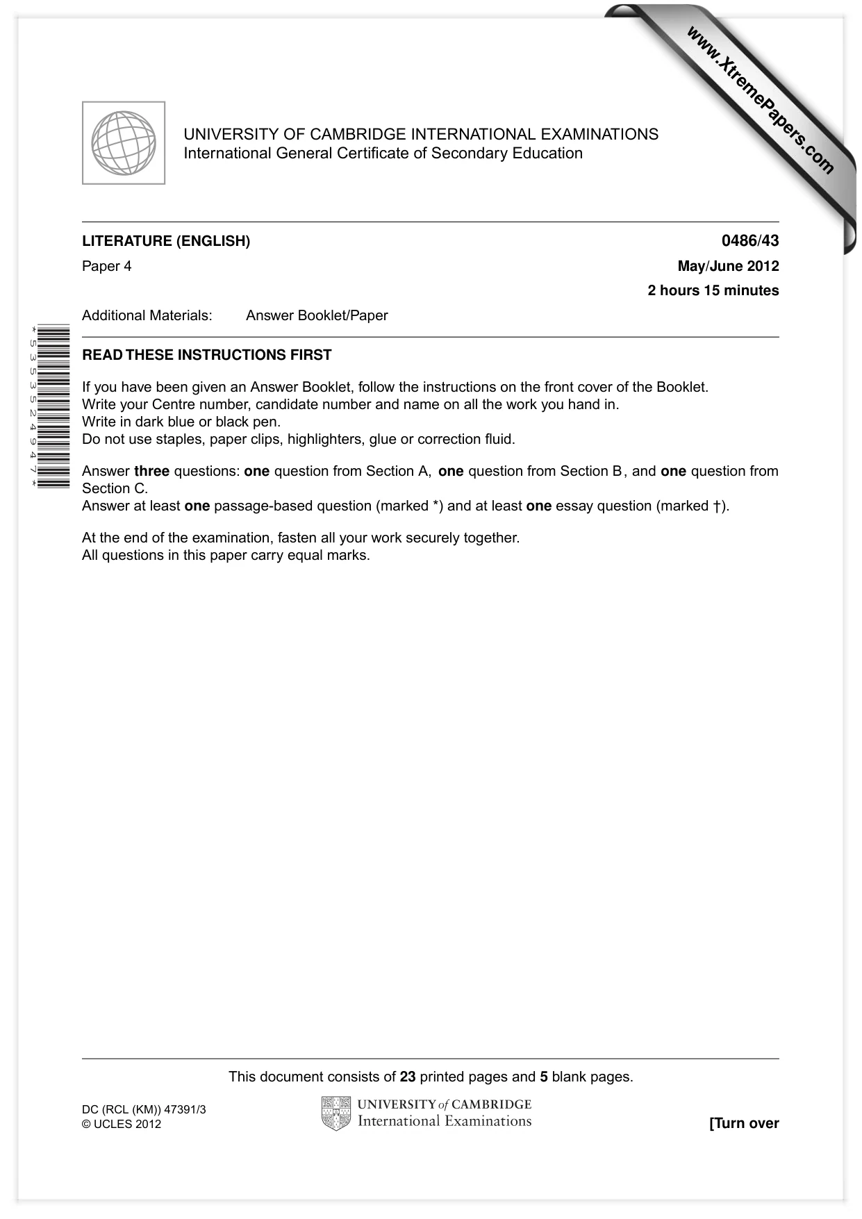 Cambridge IGCSE English - Literature 0486 2012 May/June Paper 4 · Variant 3 question paper, page 1 of 26
