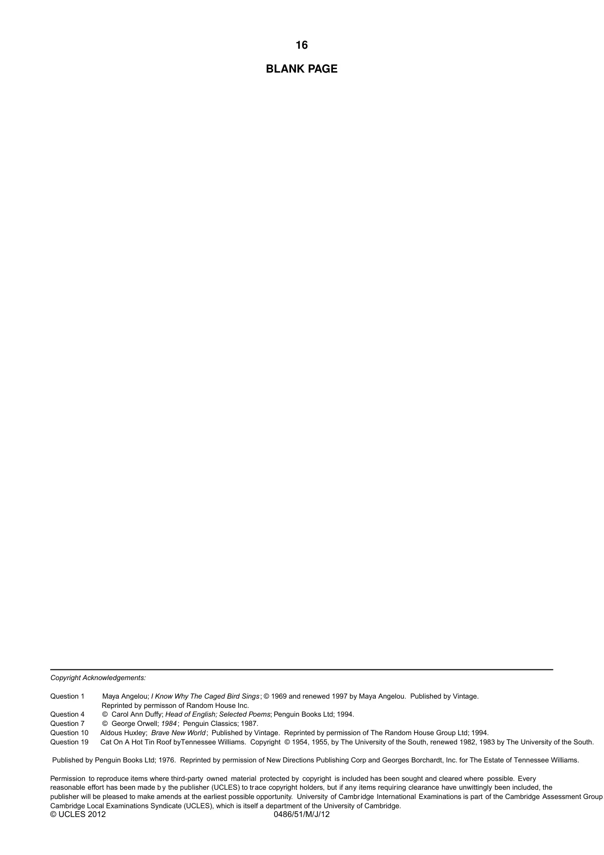Cambridge IGCSE English - Literature 0486 2012 May/June Paper 5 · Variant 1 question paper, page 16 of 16