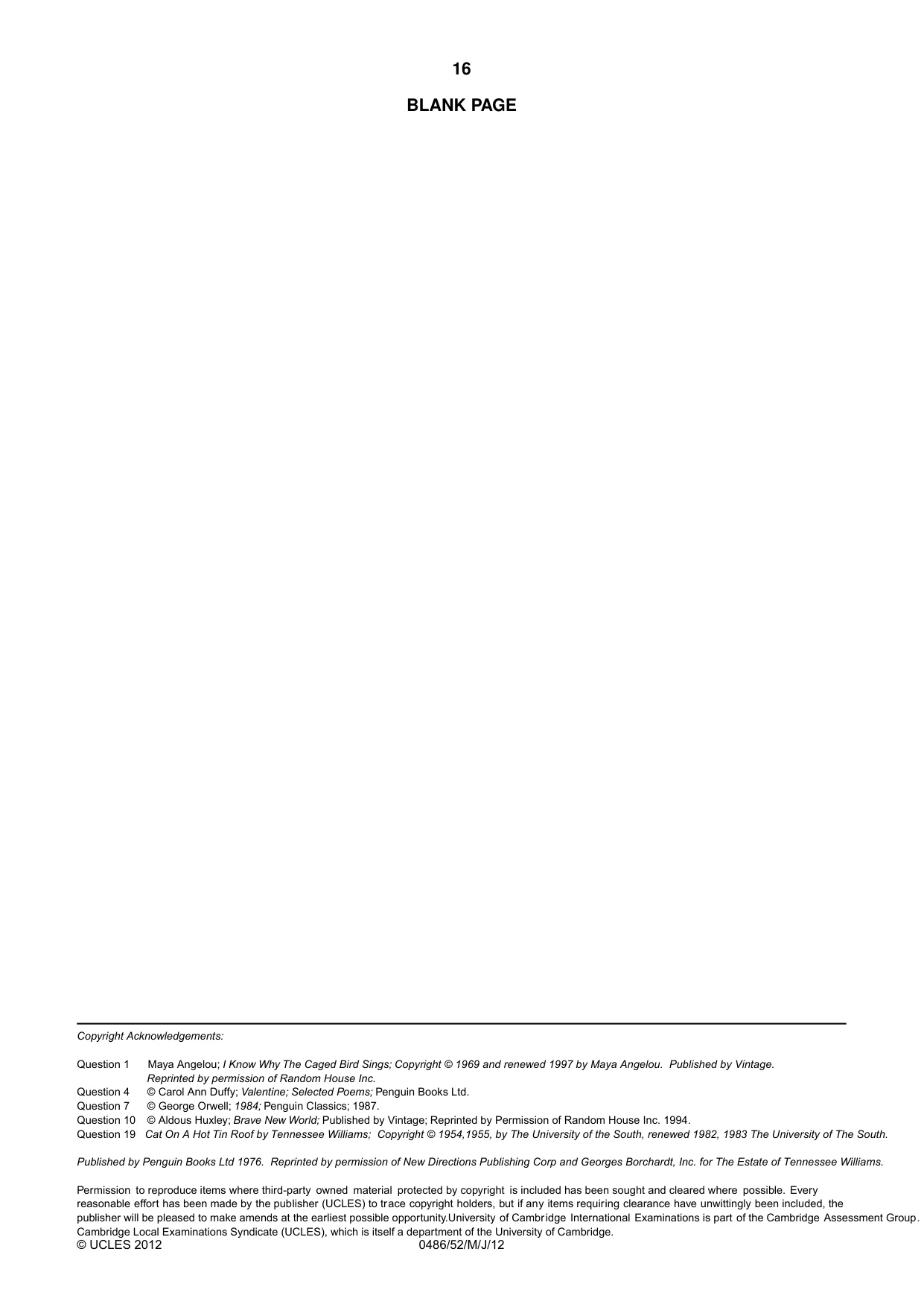 Cambridge IGCSE English - Literature 0486 2012 May/June Paper 5 · Variant 2 question paper, page 16 of 16