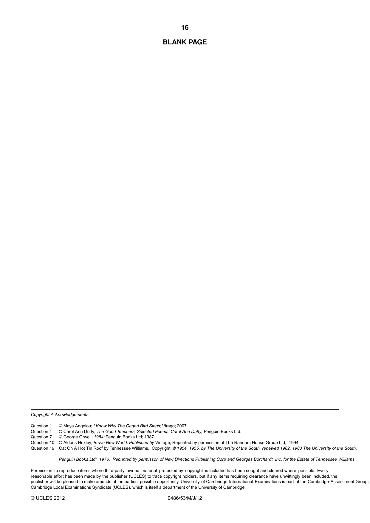 Cambridge IGCSE English - Literature 0486 2012 May/June Paper 5 · Variant 3 question paper, page 16 of 16