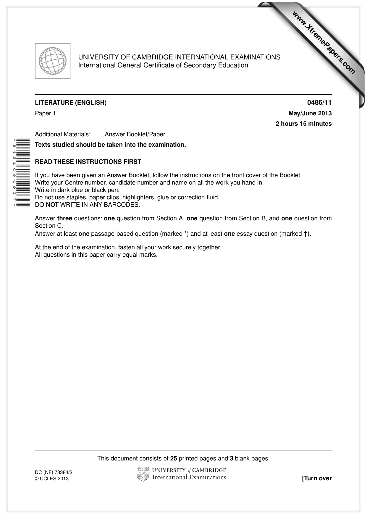 Cambridge IGCSE English - Literature 0486 2013 May/June Paper 1 · Variant 1 question paper, page 1 of 28