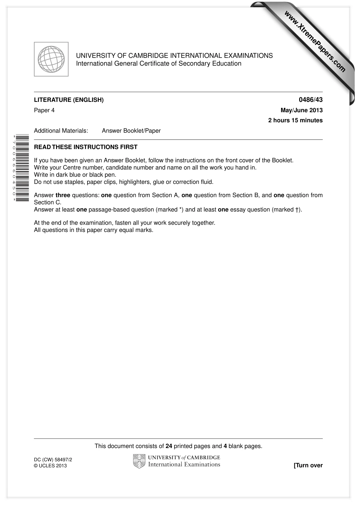 Cambridge IGCSE English - Literature 0486 2013 May/June Paper 4 · Variant 3 question paper, page 1 of 28