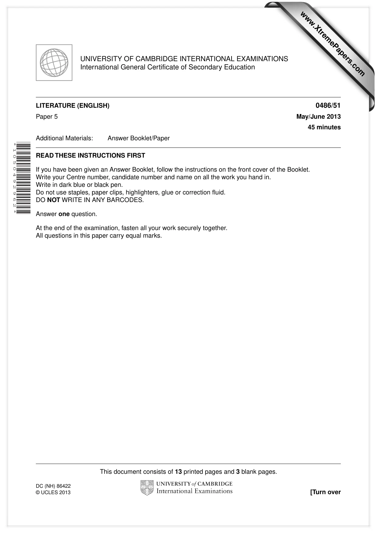 Cambridge IGCSE English - Literature 0486 2013 May/June Paper 5 · Variant 1 question paper, page 1 of 16