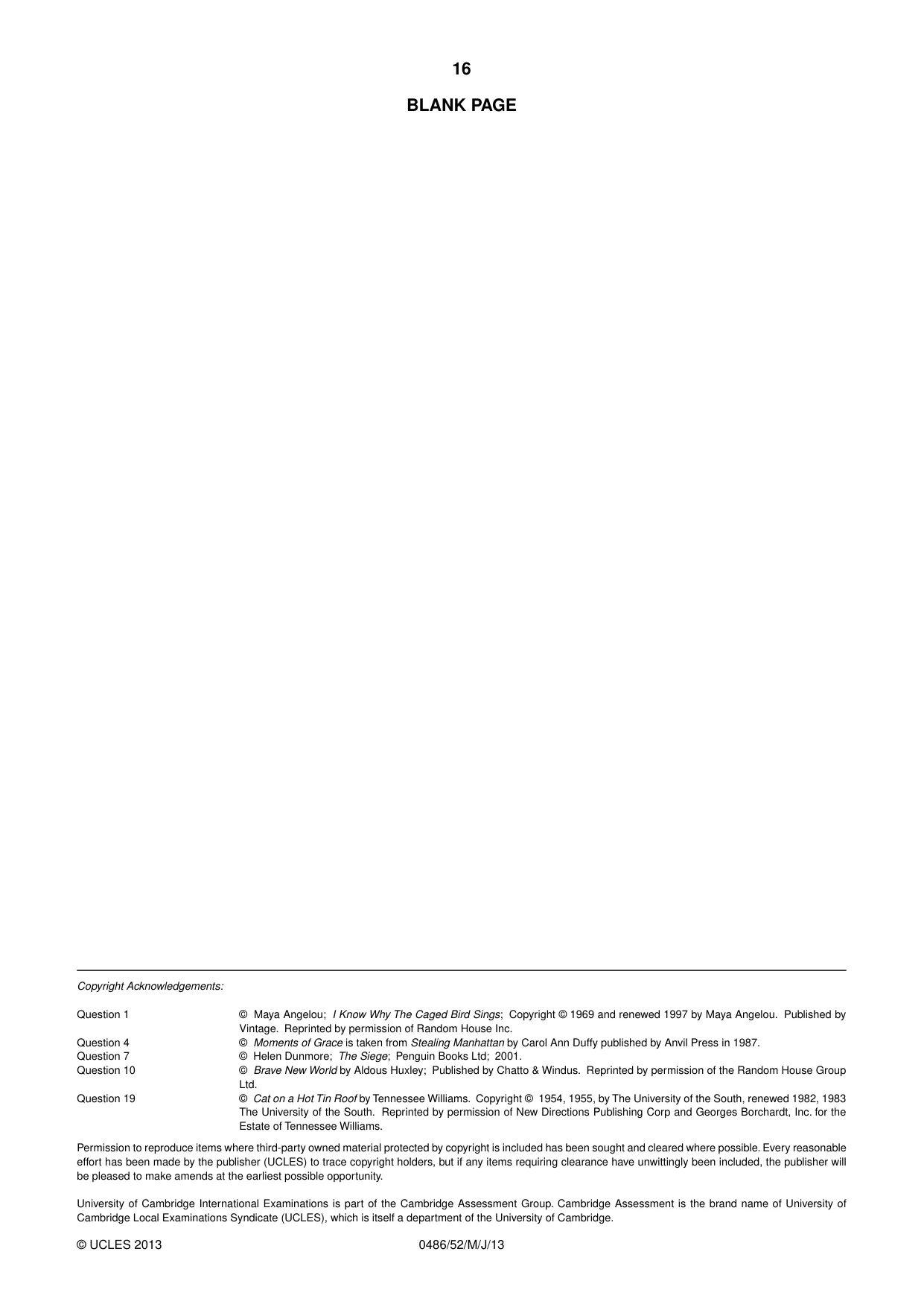 Cambridge IGCSE English - Literature 0486 2013 May/June Paper 5 · Variant 2 question paper, page 16 of 16