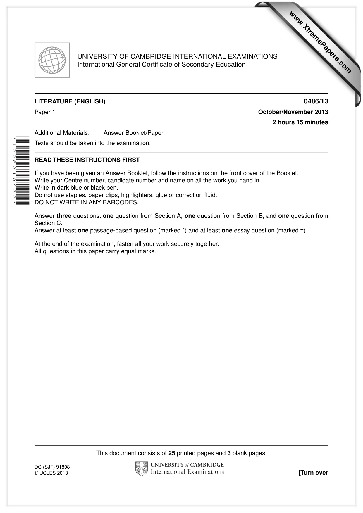 Cambridge IGCSE English - Literature 0486 2013 Oct/Nov Paper 1 · Variant 3 question paper, page 1 of 28