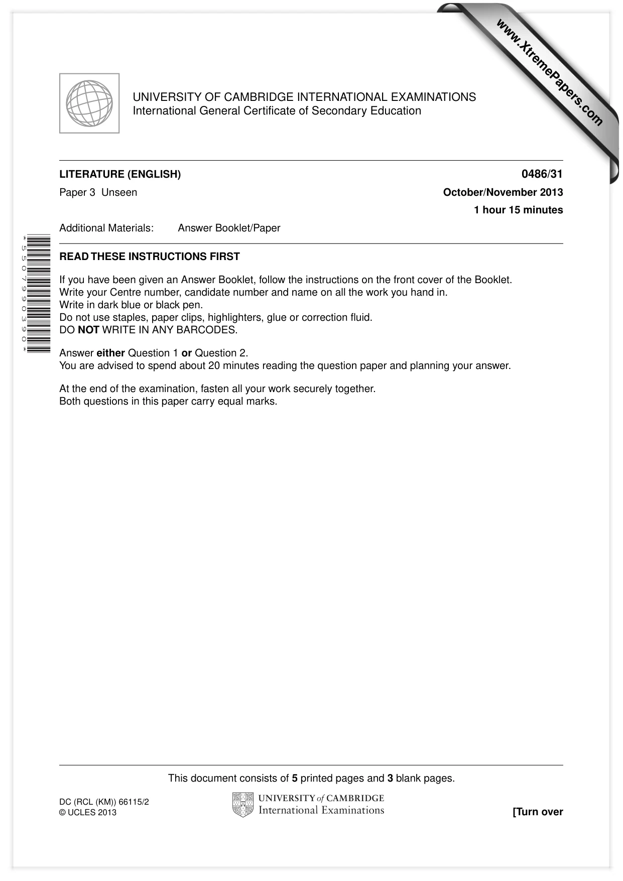 Cambridge IGCSE English - Literature 0486 2013 Oct/Nov Paper 3 · Variant 1 question paper, page 1 of 8