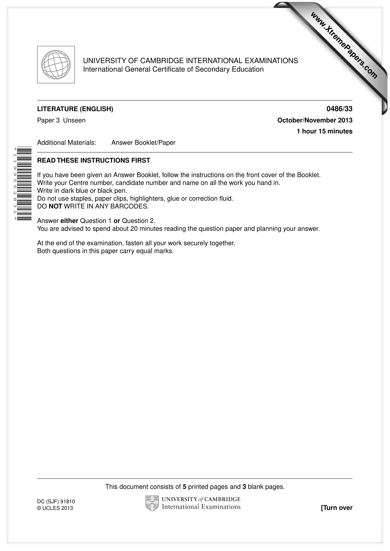Cambridge IGCSE English - Literature 0486 2013 Oct/Nov Paper 3 · Variant 3 question paper, page 1 of 8