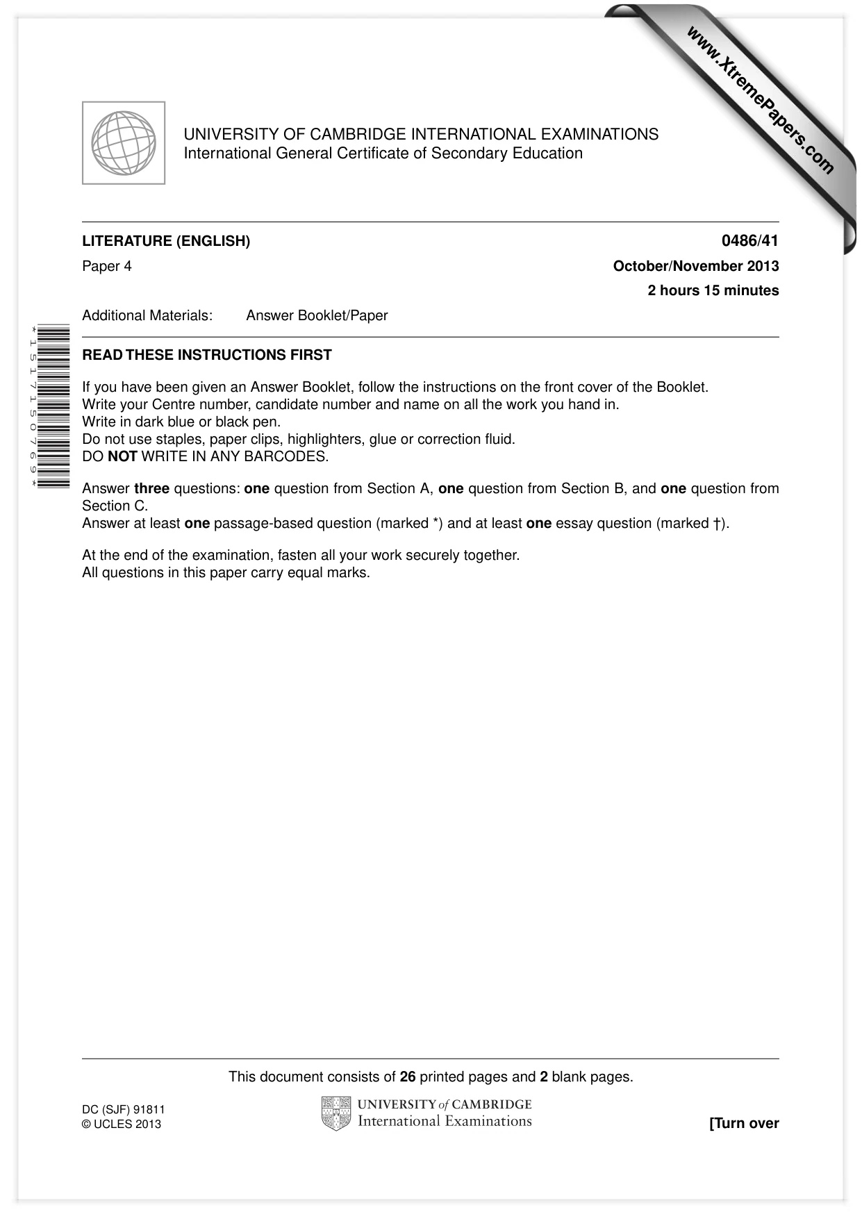 Cambridge IGCSE English - Literature 0486 2013 Oct/Nov Paper 4 · Variant 1 question paper, page 1 of 28