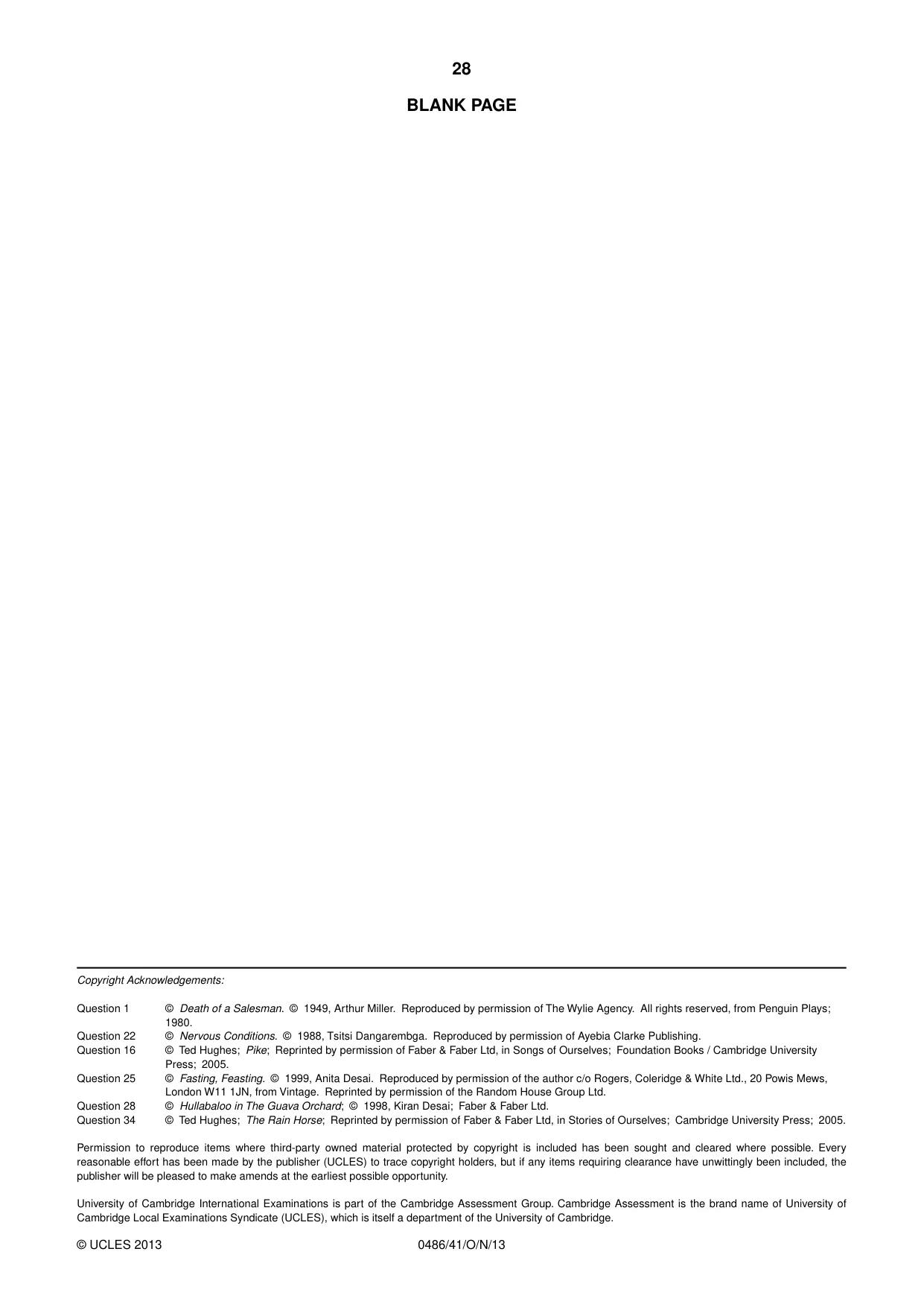 Cambridge IGCSE English - Literature 0486 2013 Oct/Nov Paper 4 · Variant 1 question paper, page 28 of 28