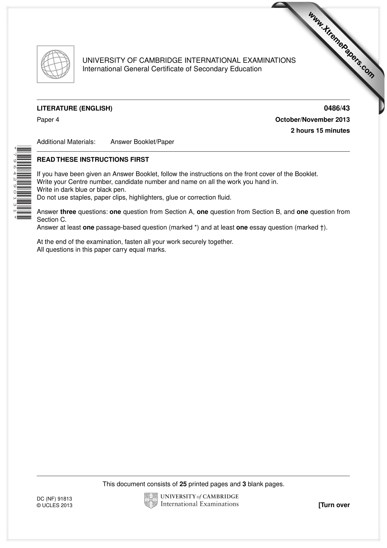 Cambridge IGCSE English - Literature 0486 2013 Oct/Nov Paper 4 · Variant 3 question paper, page 1 of 28
