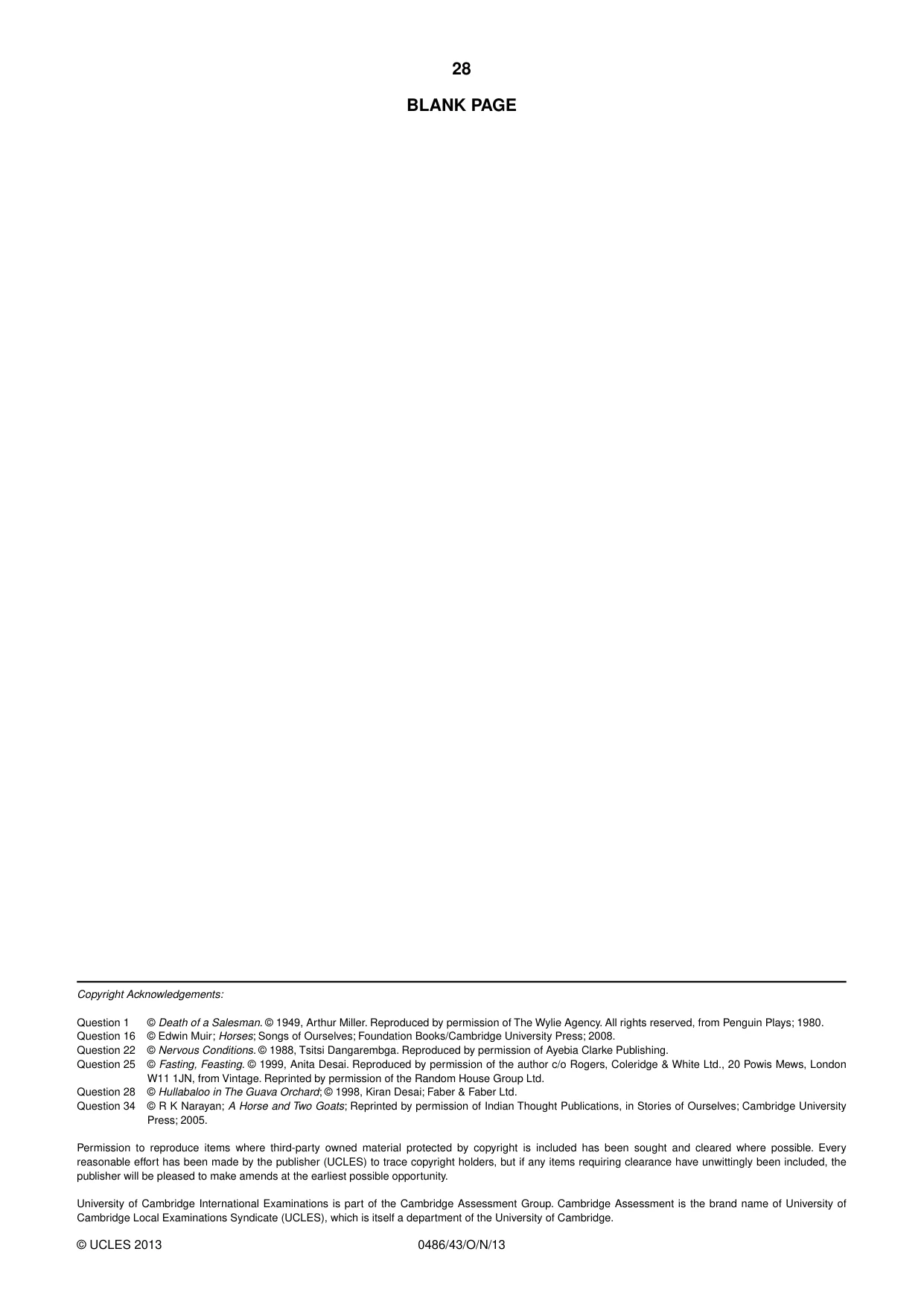 Cambridge IGCSE English - Literature 0486 2013 Oct/Nov Paper 4 · Variant 3 question paper, page 28 of 28