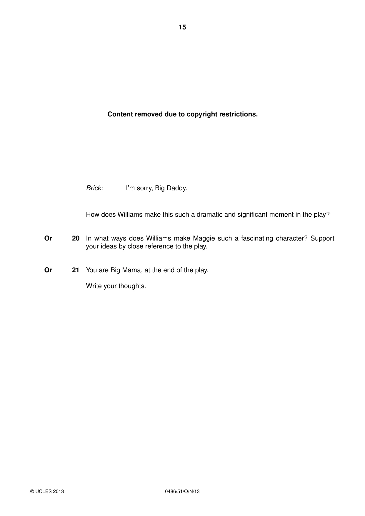 Cambridge IGCSE English - Literature 0486 2013 Oct/Nov Paper 5 · Variant 1 question paper, page 15 of 16