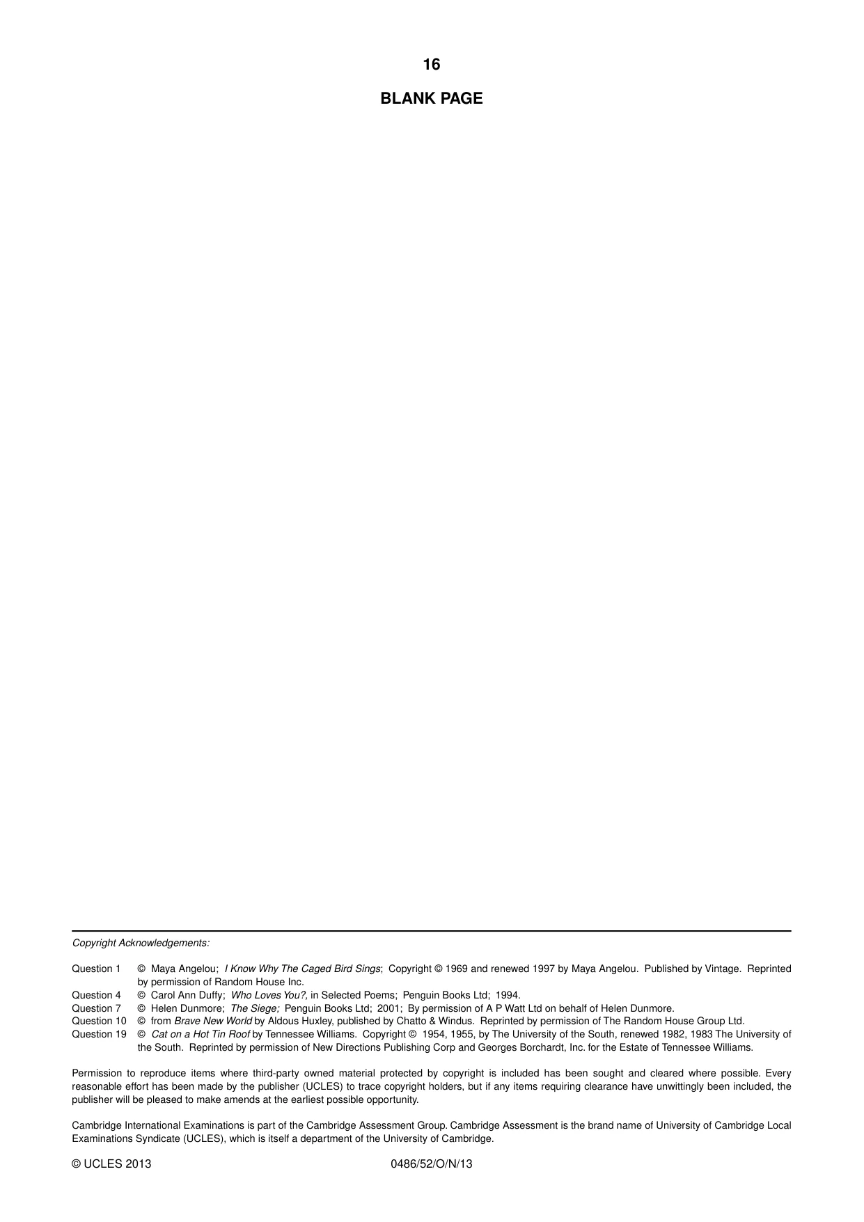 Cambridge IGCSE English - Literature 0486 2013 Oct/Nov Paper 5 · Variant 2 question paper, page 16 of 16