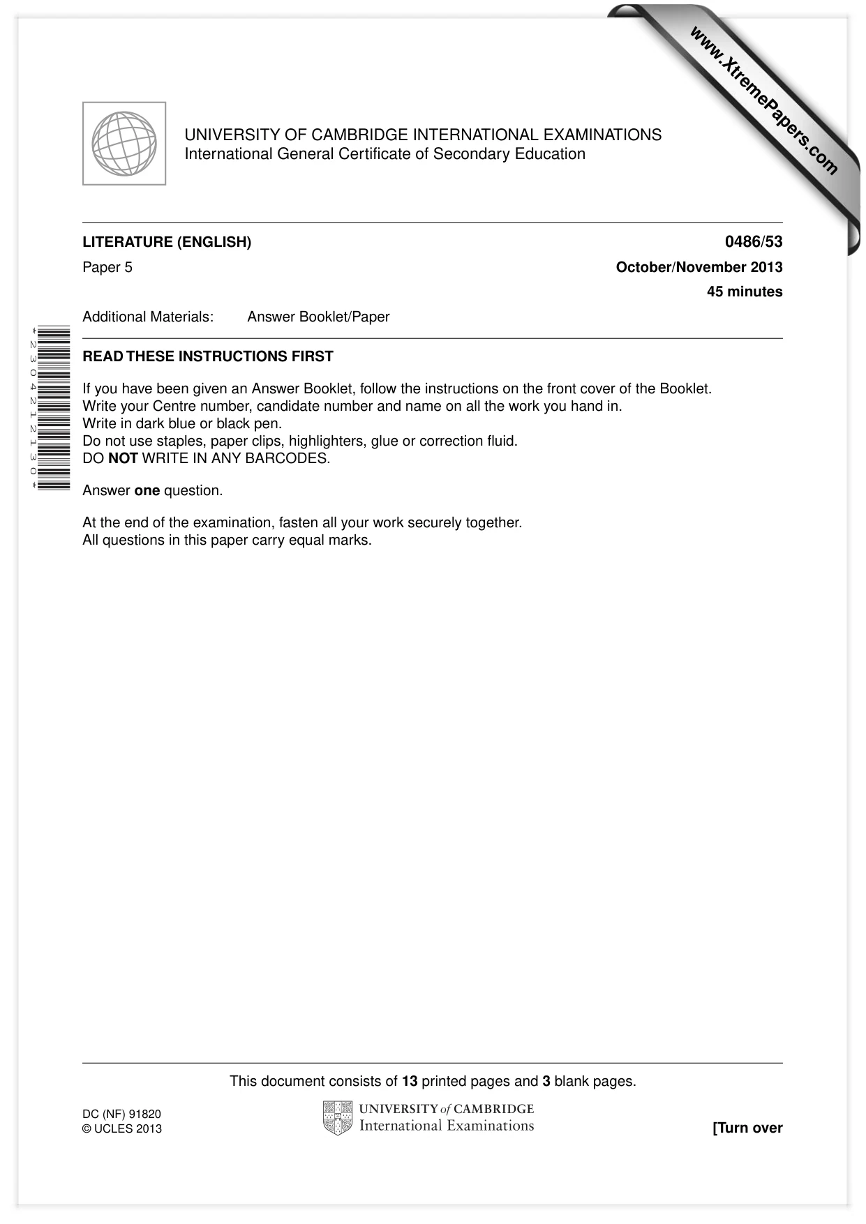 Cambridge IGCSE English - Literature 0486 2013 Oct/Nov Paper 5 · Variant 3 question paper, page 1 of 16