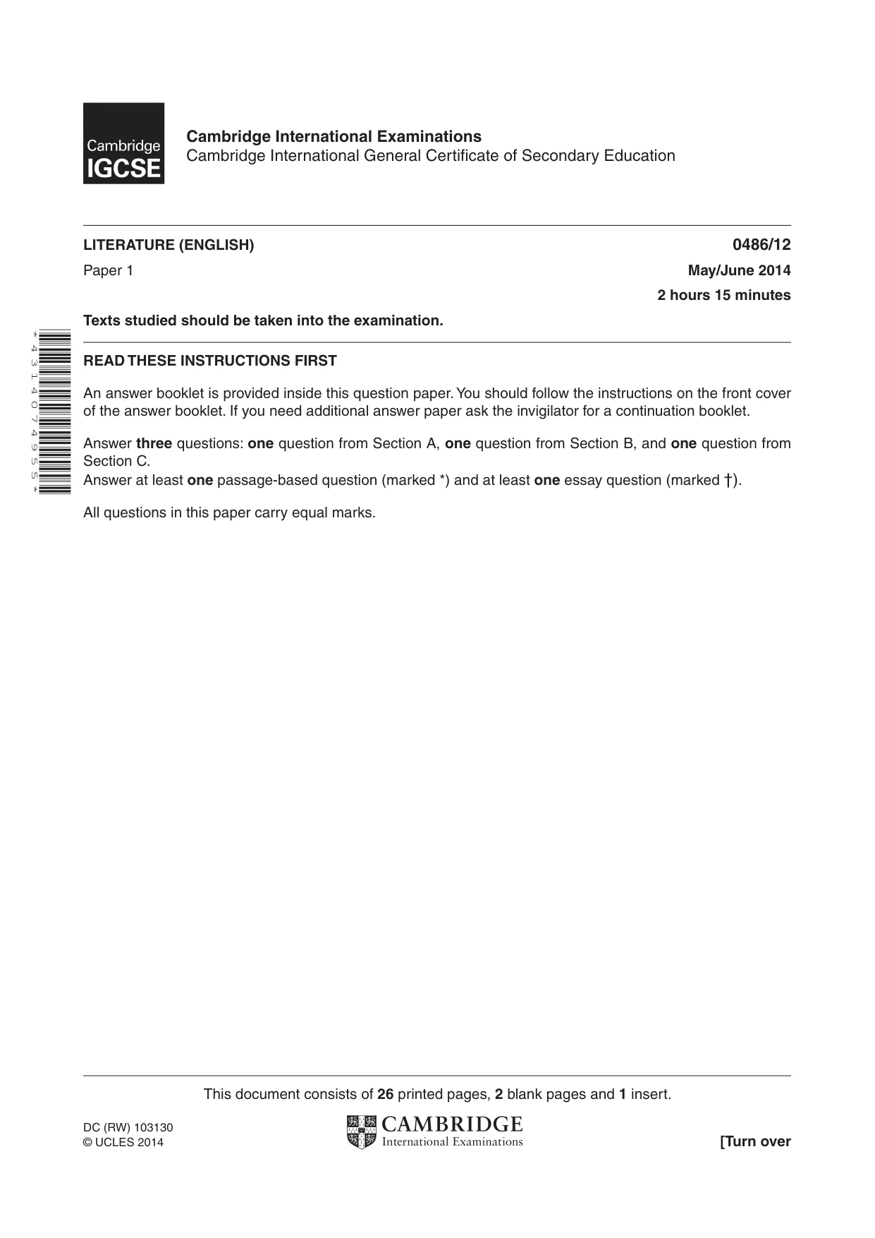 Cambridge IGCSE English - Literature 0486 2014 May/June Paper 1 · Variant 2 question paper, page 1 of 28