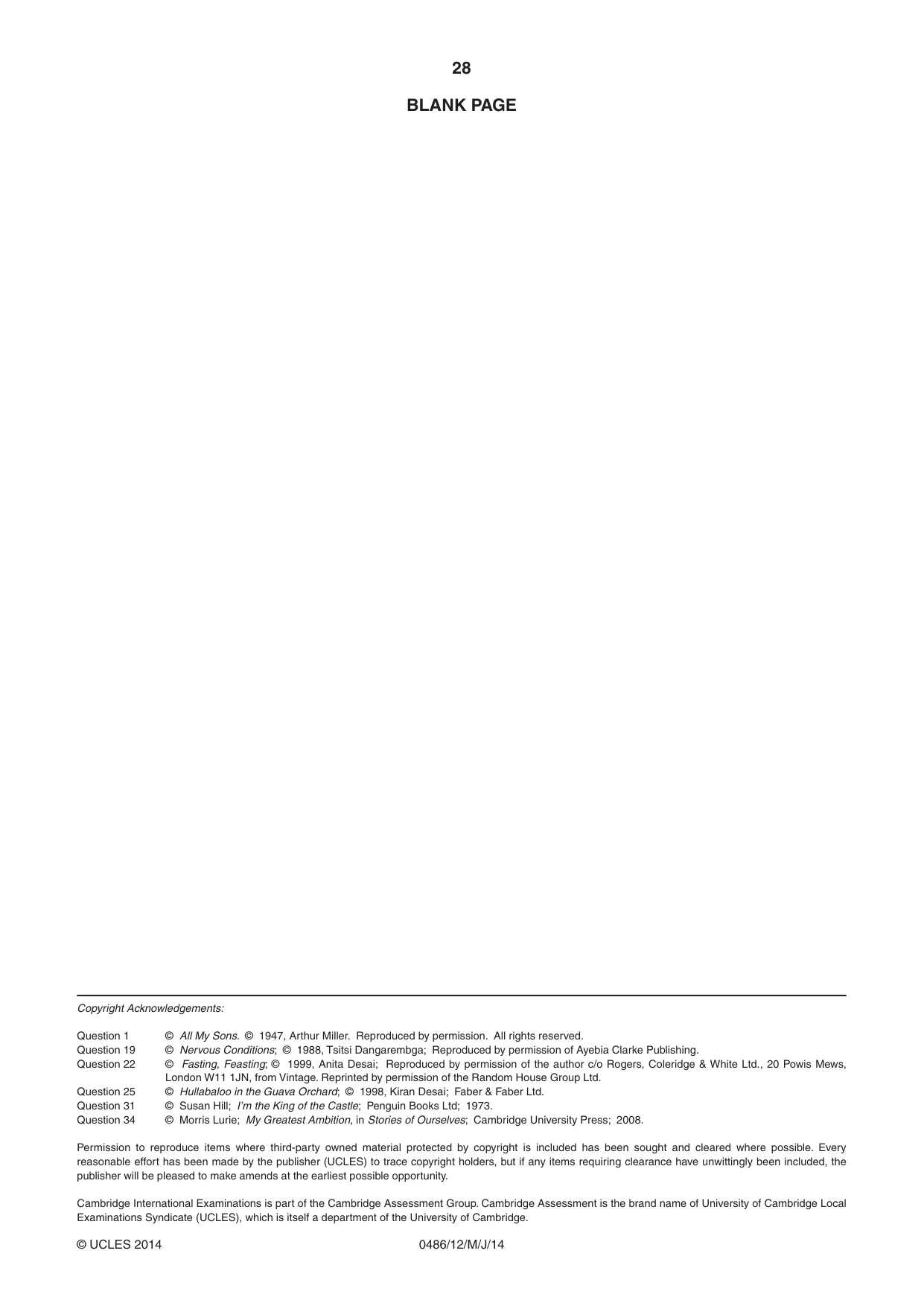 Cambridge IGCSE English - Literature 0486 2014 May/June Paper 1 · Variant 2 question paper, page 28 of 28