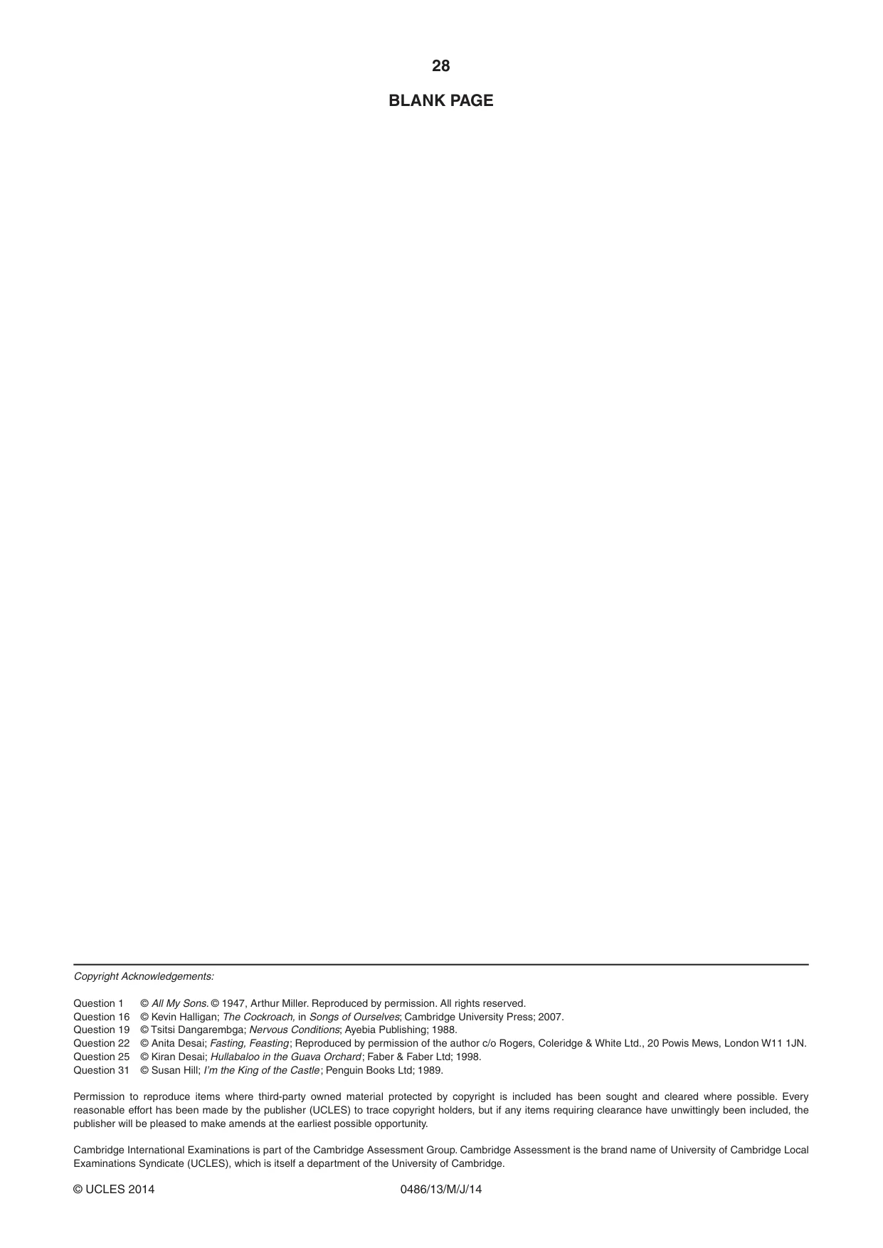 Cambridge IGCSE English - Literature 0486 2014 May/June Paper 1 · Variant 3 question paper, page 28 of 28