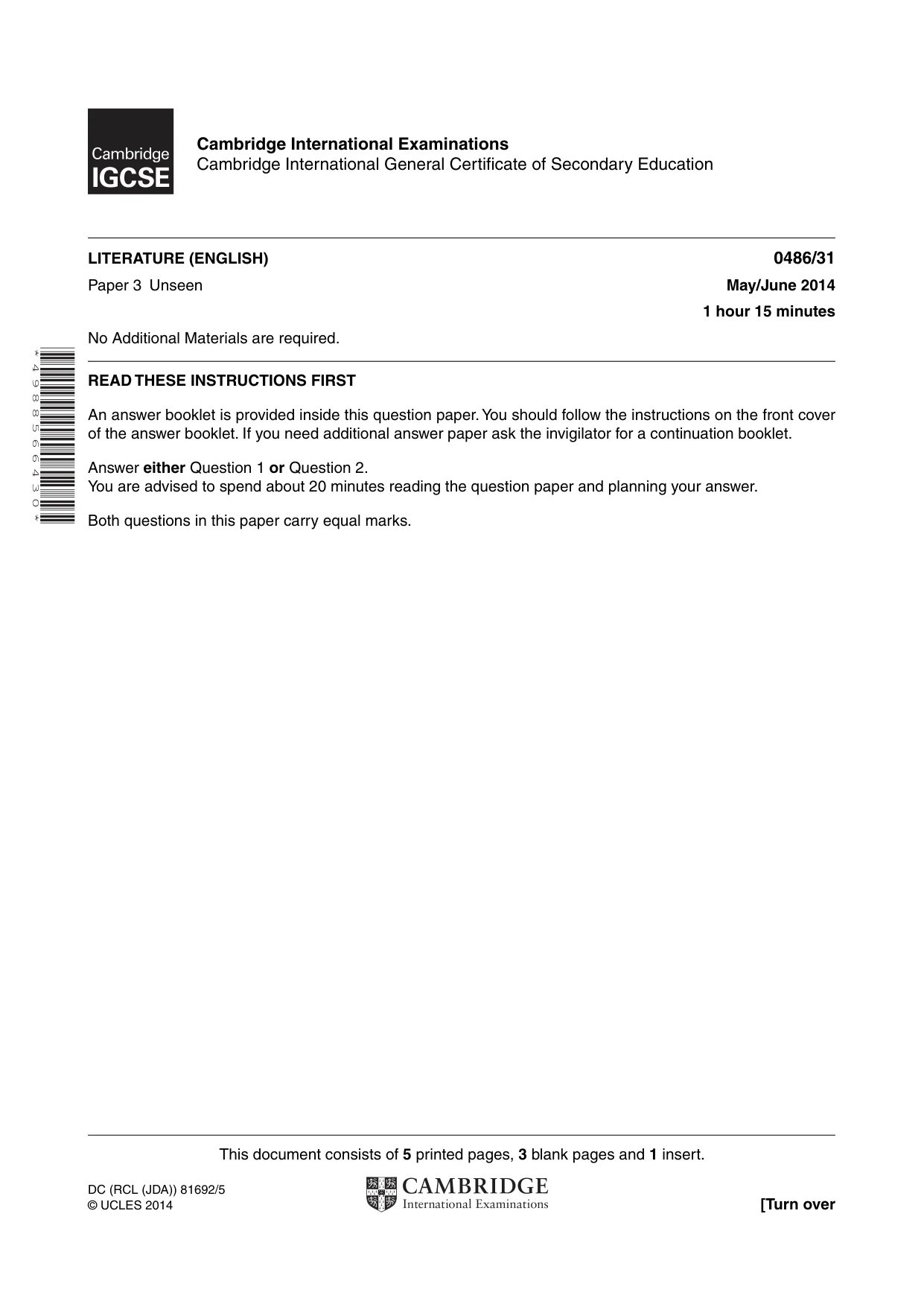 Cambridge IGCSE English - Literature 0486 2014 May/June Paper 3 · Variant 1 question paper, page 1 of 8