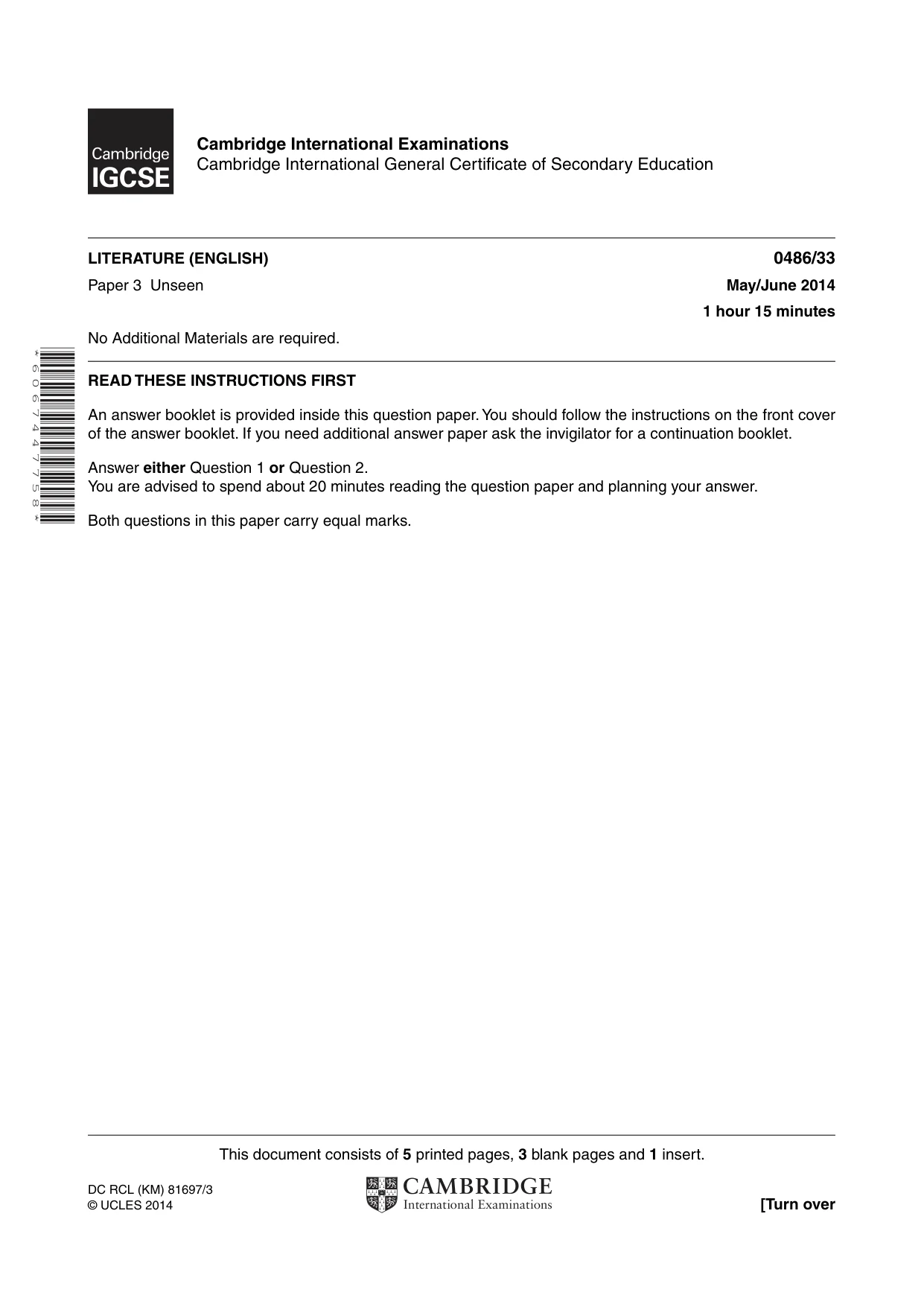 Cambridge IGCSE English - Literature 0486 2014 May/June Paper 3 · Variant 3 question paper, page 1 of 8