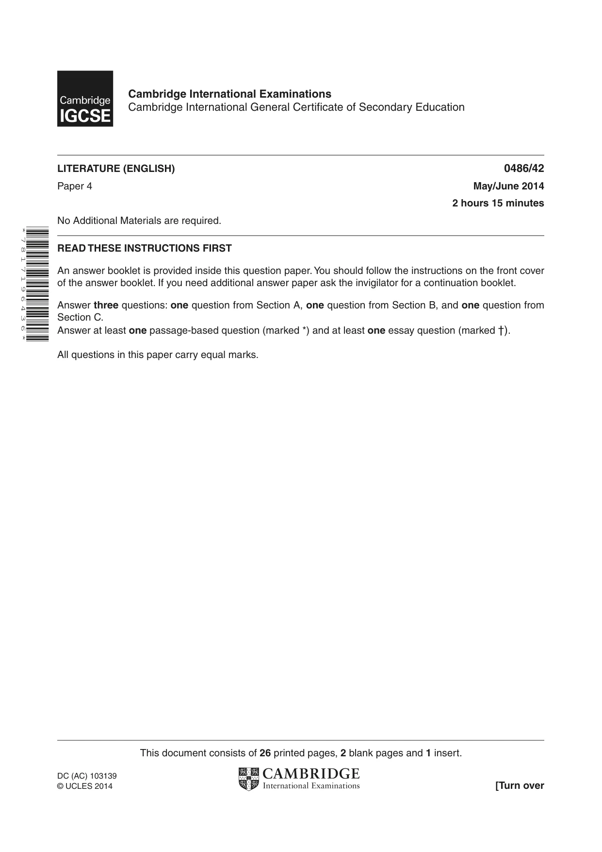 Cambridge IGCSE English - Literature 0486 2014 May/June Paper 4 · Variant 2 question paper, page 1 of 28