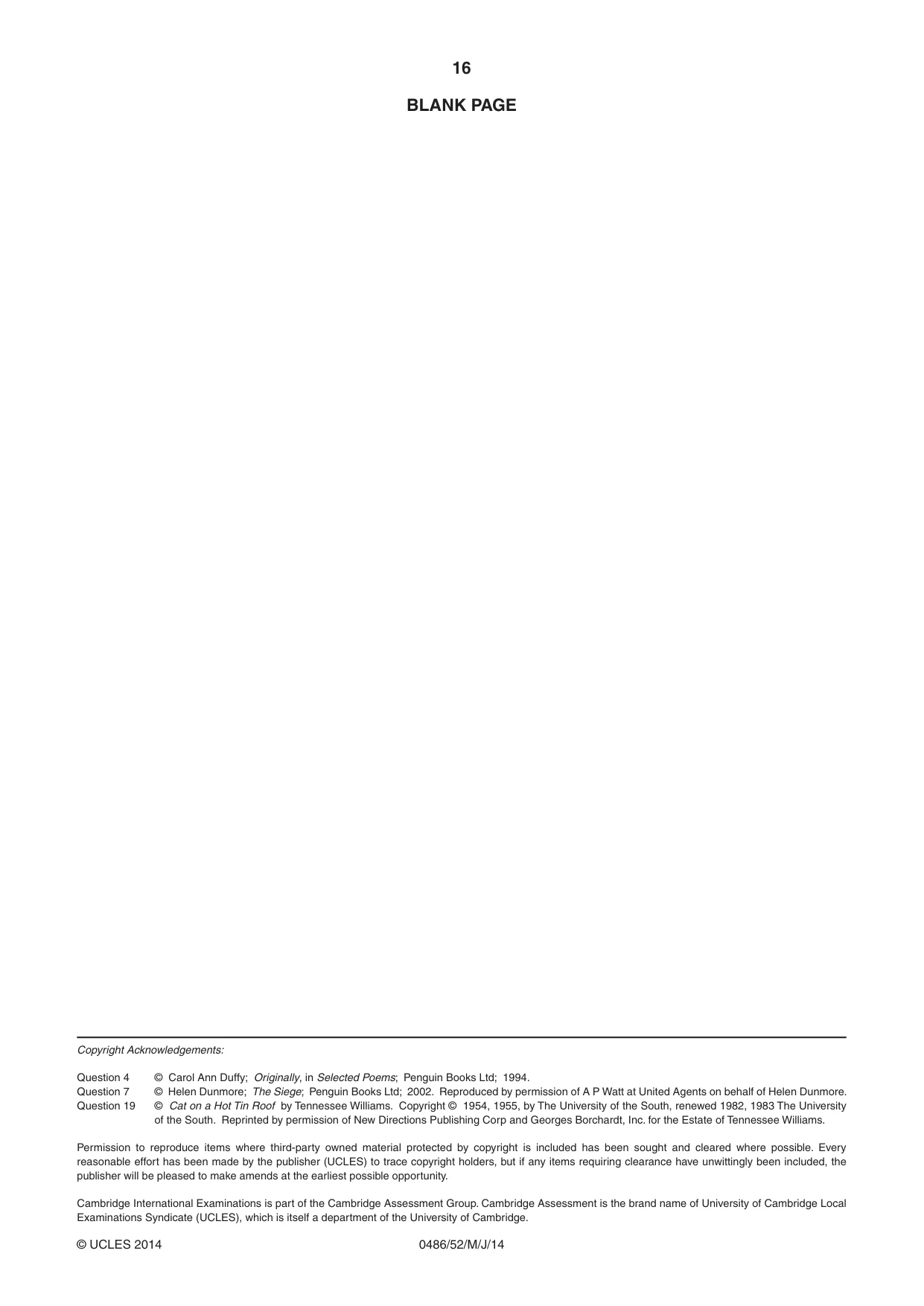 Cambridge IGCSE English - Literature 0486 2014 May/June Paper 5 · Variant 2 question paper, page 16 of 16