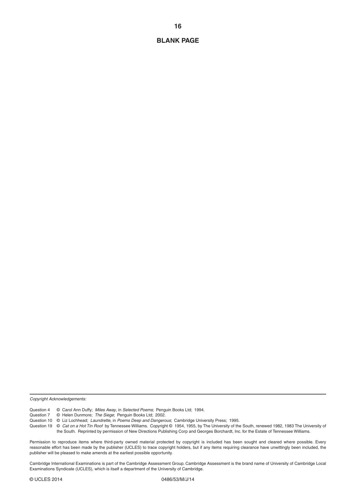Cambridge IGCSE English - Literature 0486 2014 May/June Paper 5 · Variant 3 question paper, page 16 of 16