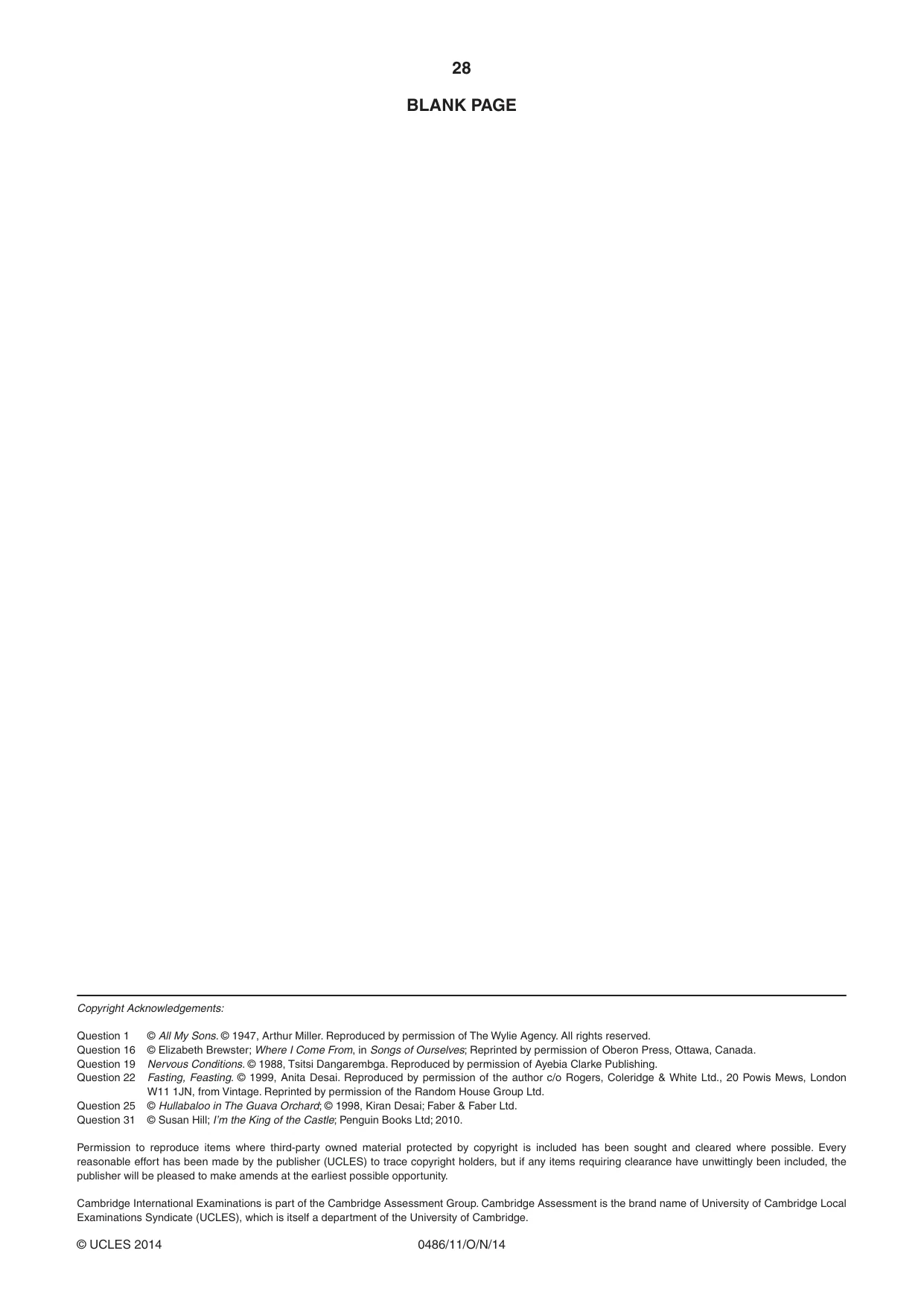 Cambridge IGCSE English - Literature 0486 2014 Oct/Nov Paper 1 · Variant 1 question paper, page 28 of 28