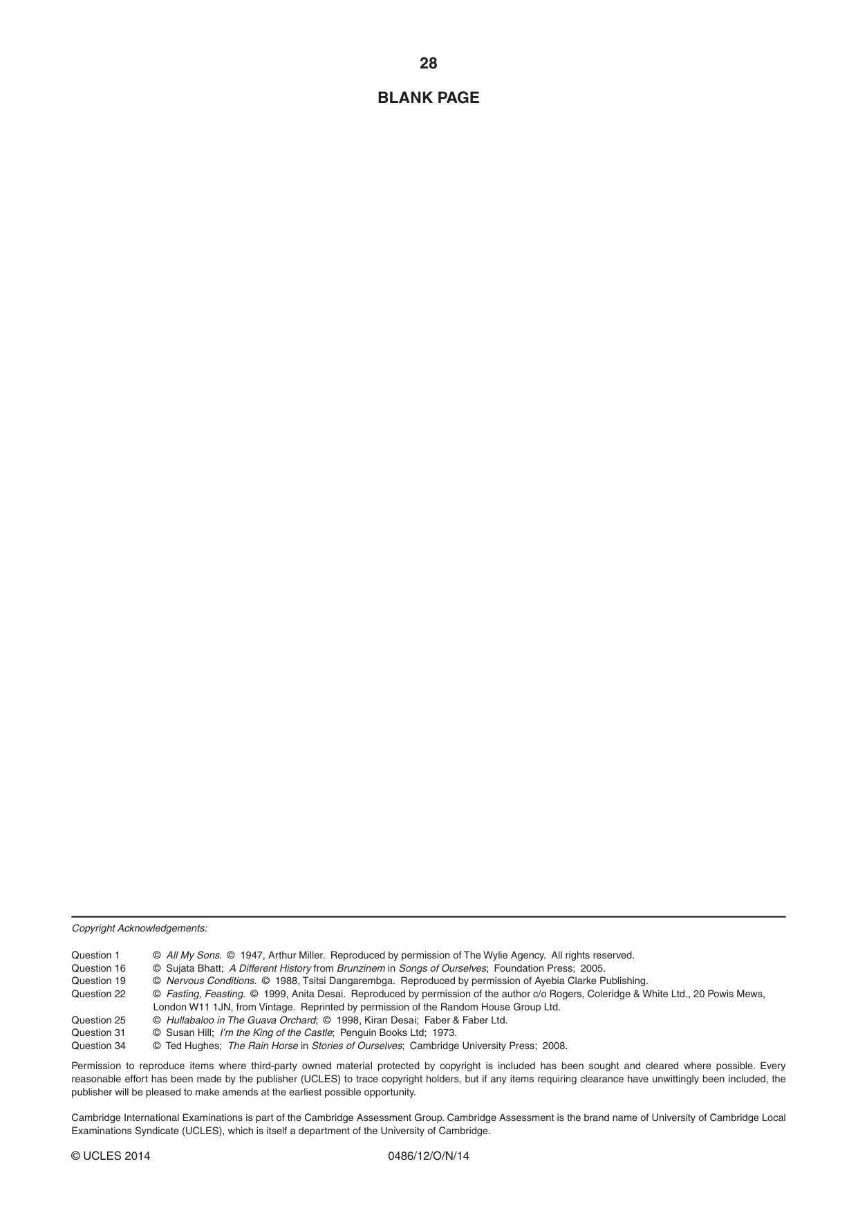 Cambridge IGCSE English - Literature 0486 2014 Oct/Nov Paper 1 · Variant 2 question paper, page 28 of 28