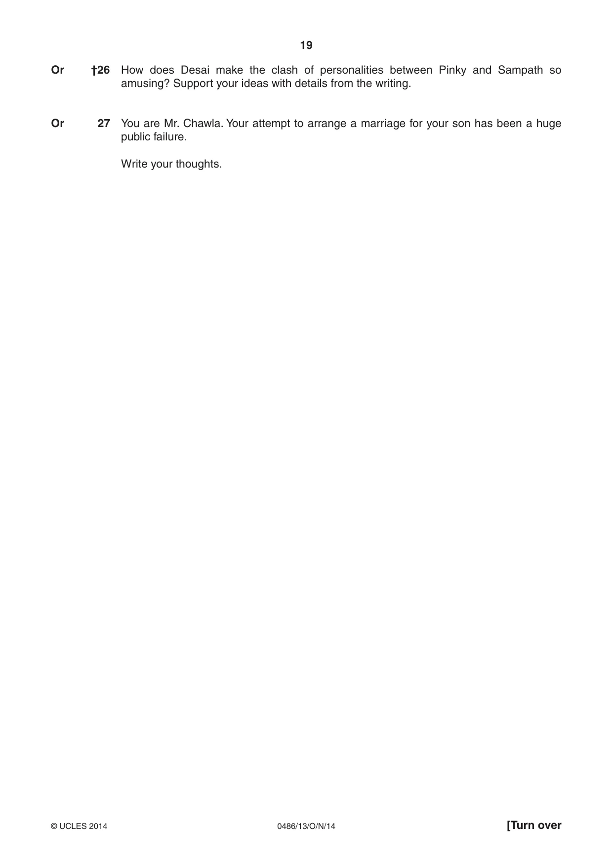 Cambridge IGCSE English - Literature 0486 2014 Oct/Nov Paper 1 · Variant 3 question paper, page 19 of 28