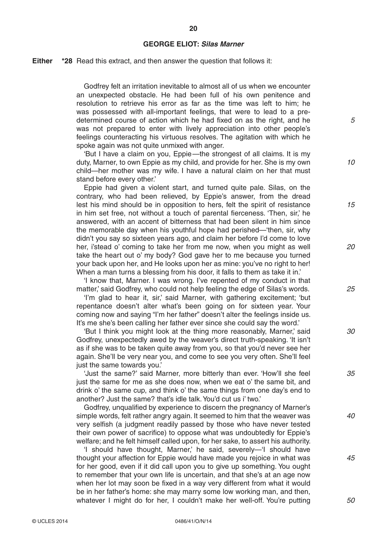 Cambridge IGCSE English - Literature 0486 2014 Oct/Nov Paper 4 · Variant 1 question paper, page 20 of 28