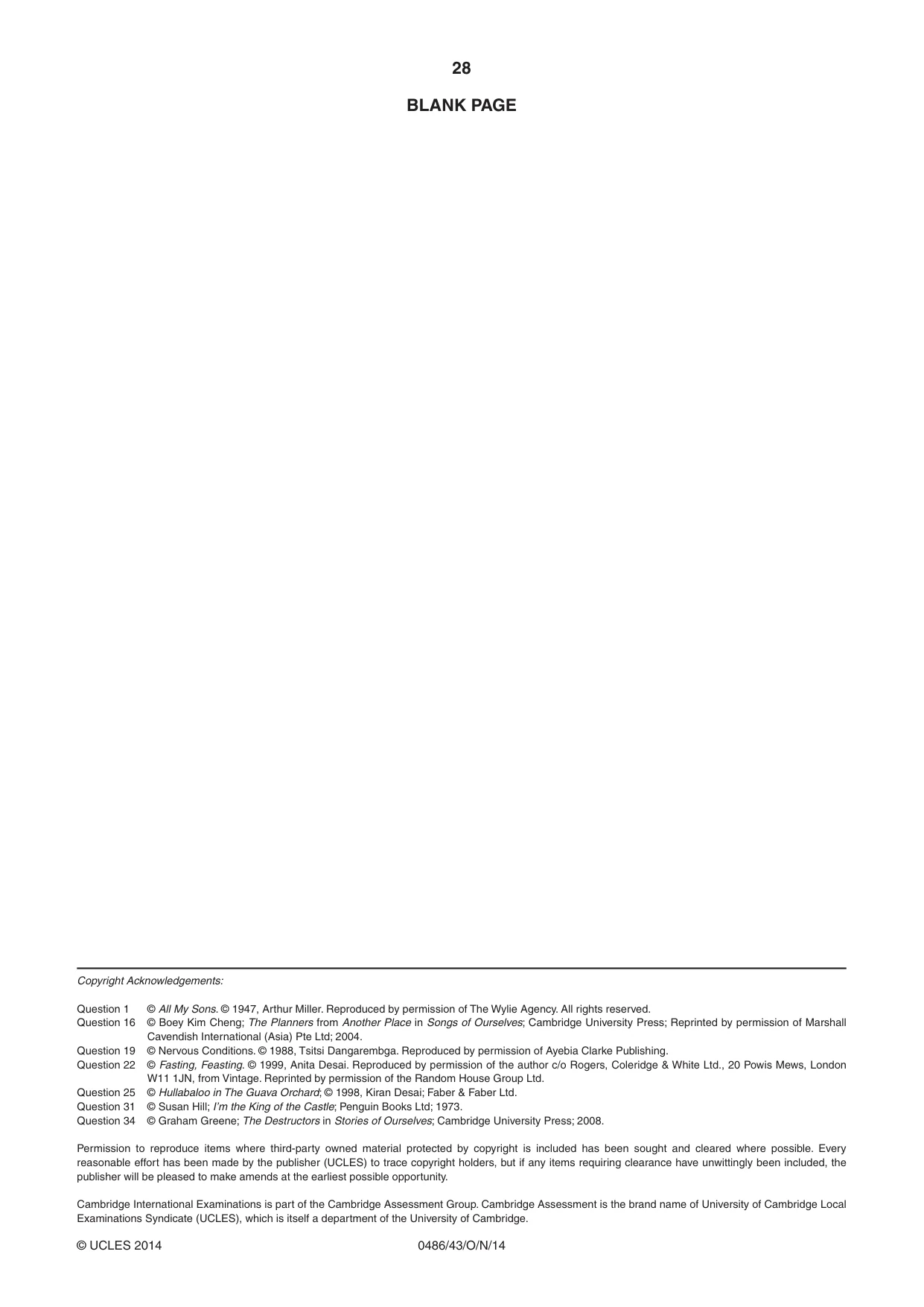 Cambridge IGCSE English - Literature 0486 2014 Oct/Nov Paper 4 · Variant 3 question paper, page 28 of 28