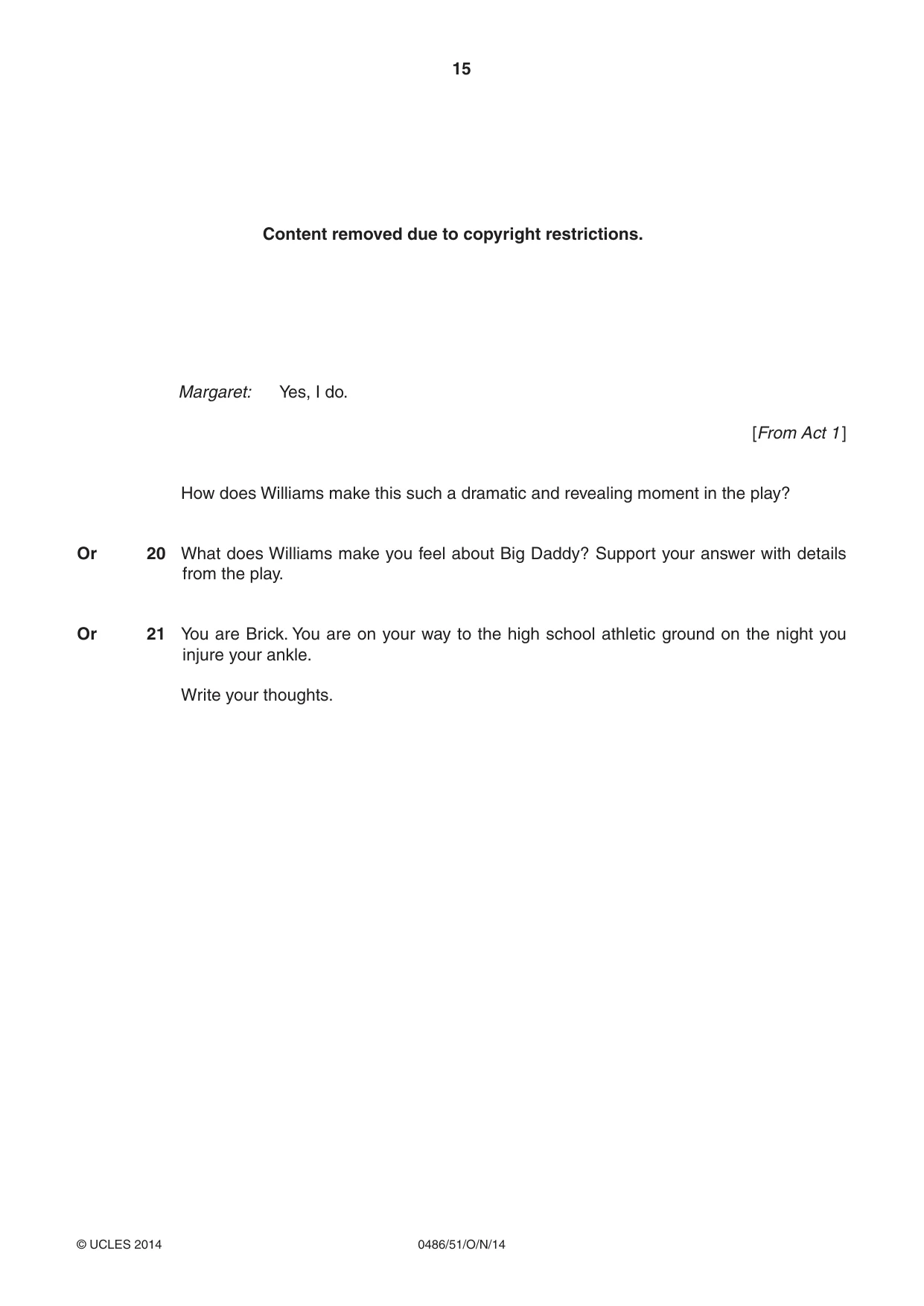 Cambridge IGCSE English - Literature 0486 2014 Oct/Nov Paper 5 · Variant 1 question paper, page 15 of 16