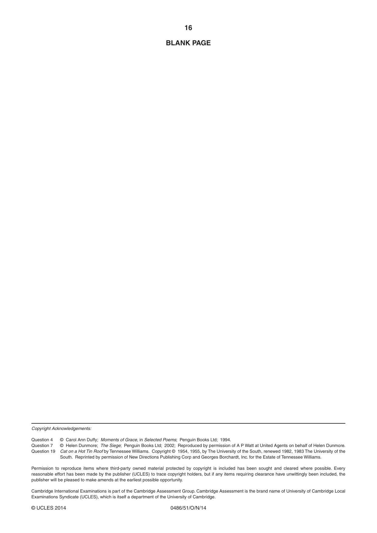 Cambridge IGCSE English - Literature 0486 2014 Oct/Nov Paper 5 · Variant 1 question paper, page 16 of 16