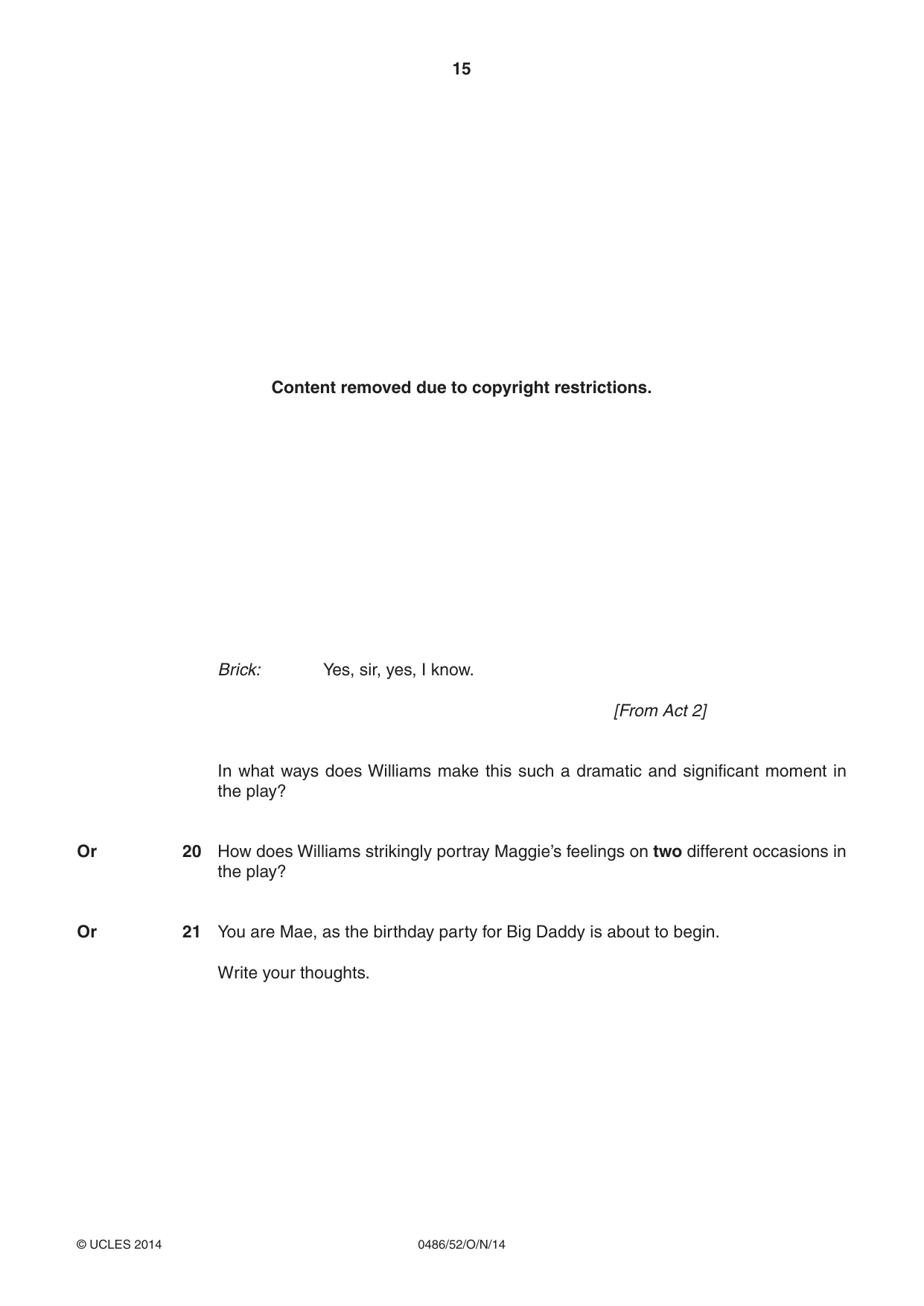 Cambridge IGCSE English - Literature 0486 2014 Oct/Nov Paper 5 · Variant 2 question paper, page 15 of 16